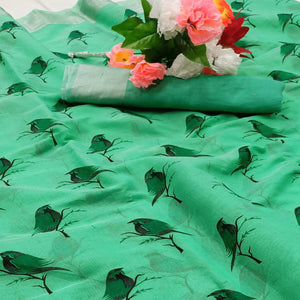 Attractive Turquoise Green Colored Casual Wear Sparrow Block Printed Cotton Linen Saree - Peachmode