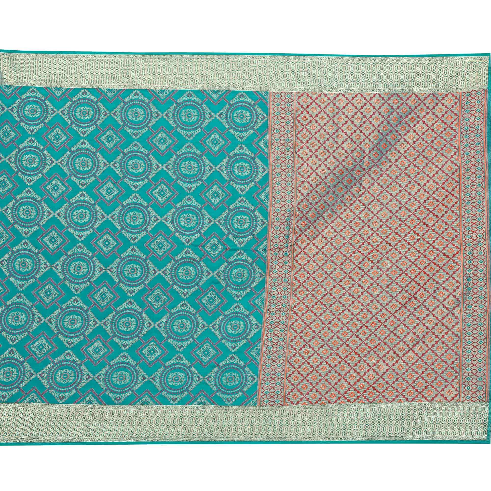 Attractive Turquoise Green Colored Festive Wear Woven Banarasi Silk Saree - Peachmode