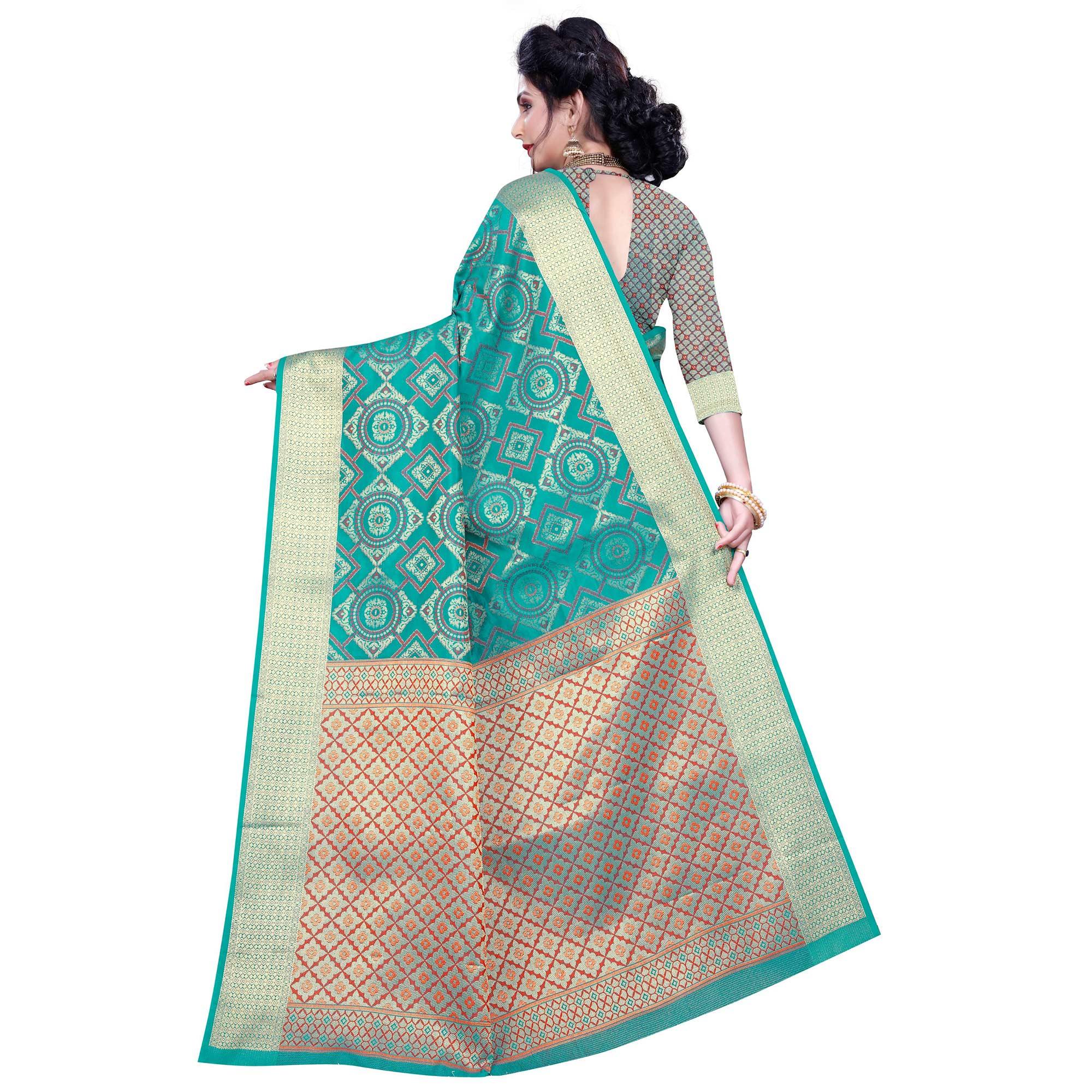 Attractive Turquoise Green Colored Festive Wear Woven Banarasi Silk Saree - Peachmode