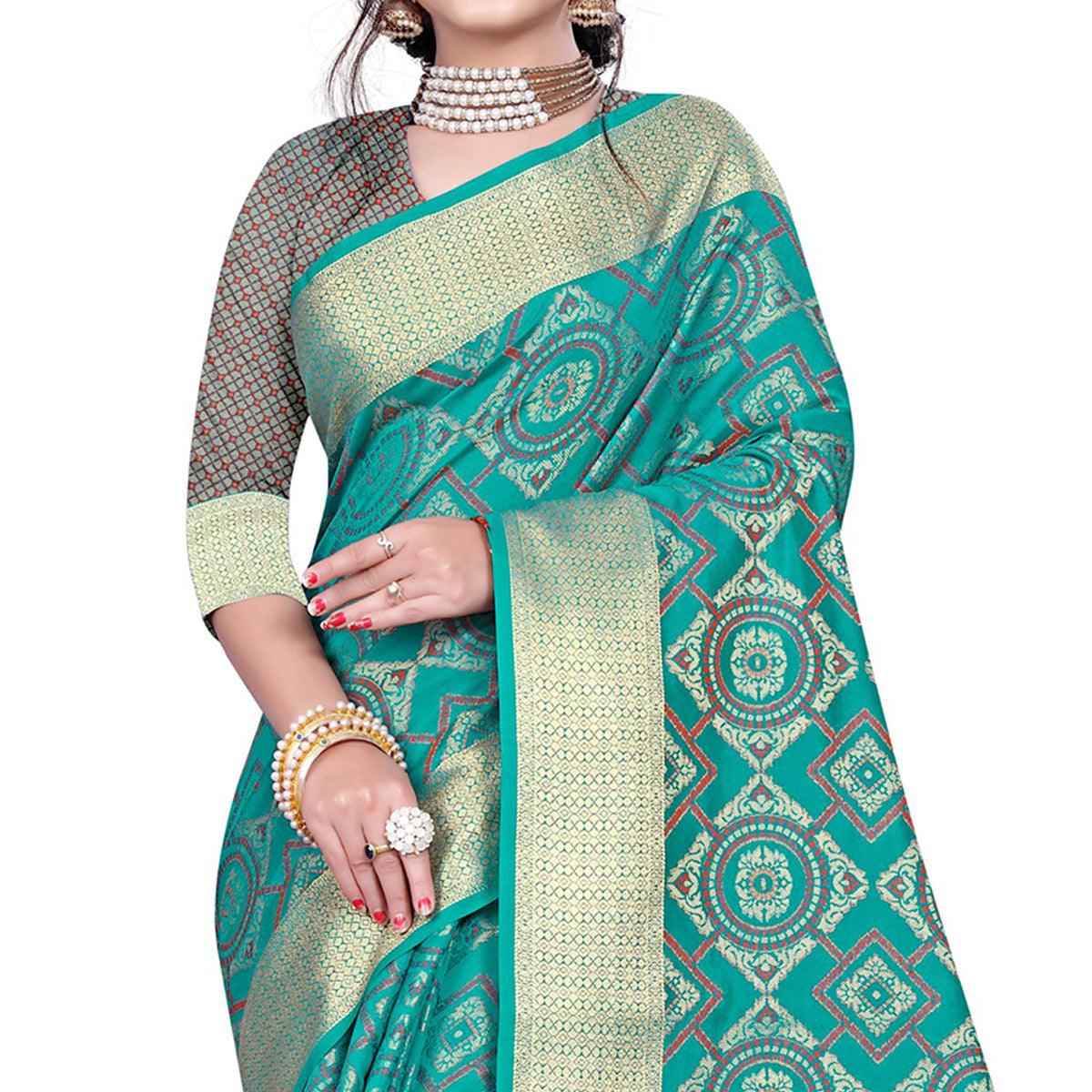Attractive Turquoise Green Colored Festive Wear Woven Banarasi Silk Saree - Peachmode