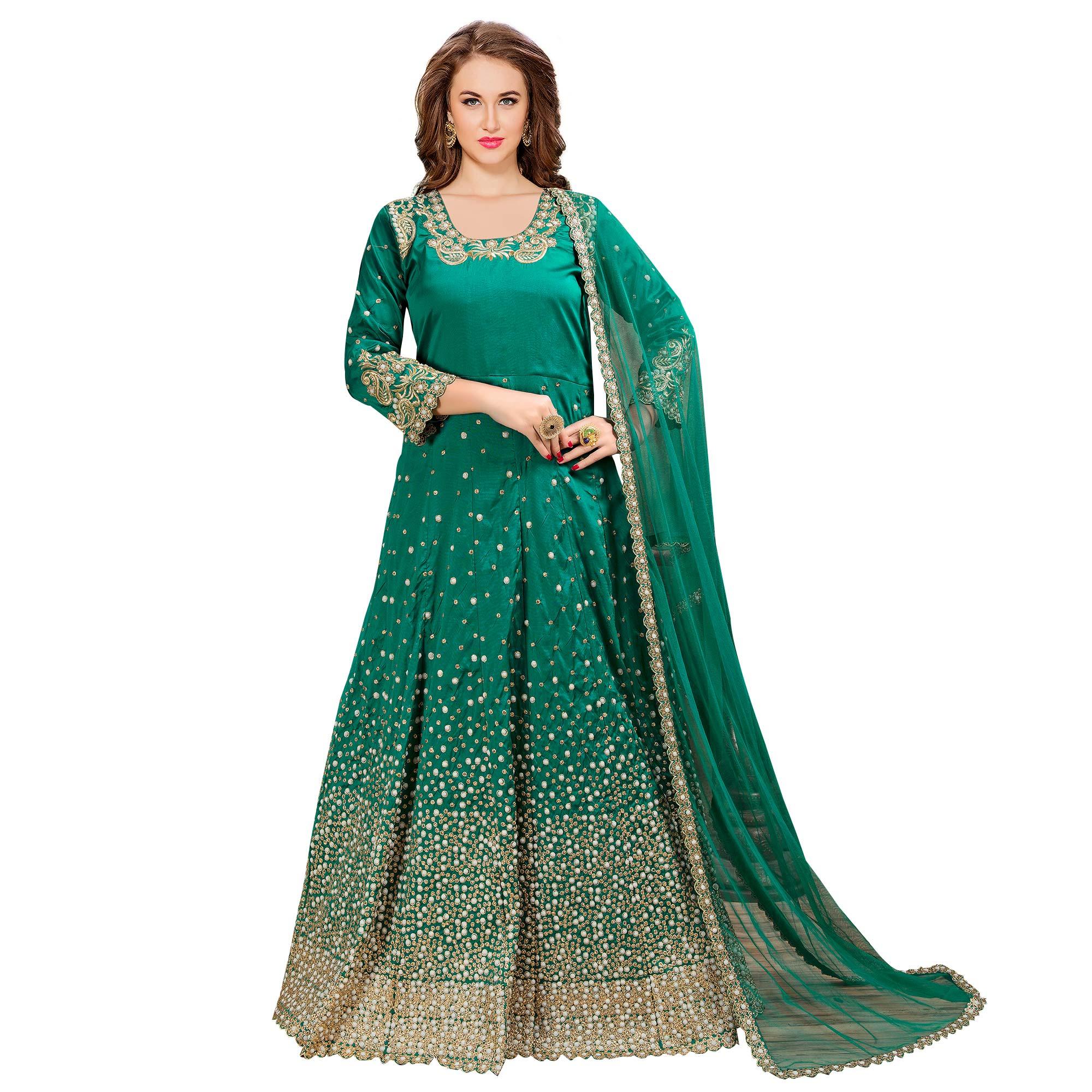 Attractive Turquoise Green Colored Partywear Embroidered Tapeta Silk Anarkali Suit - Peachmode
