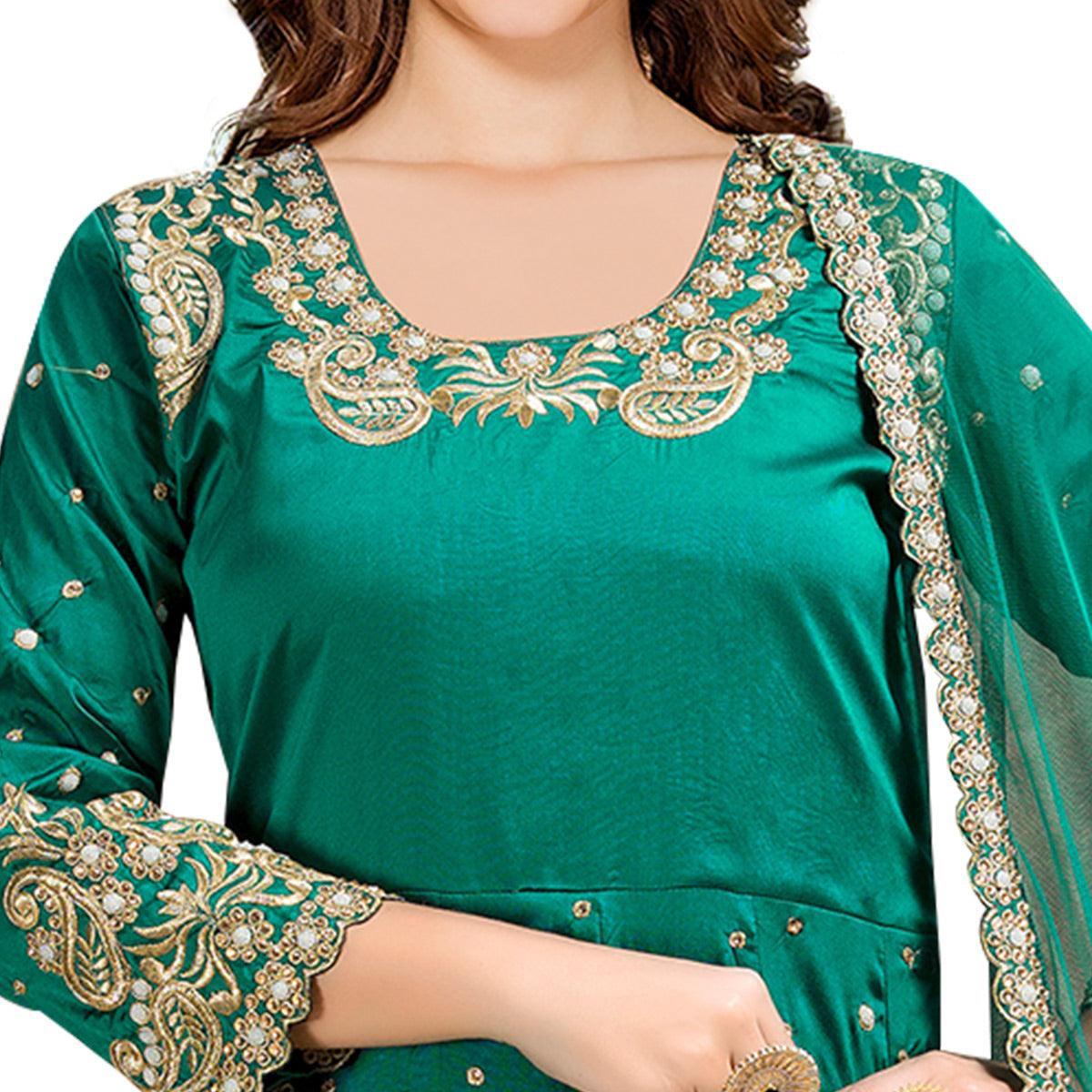 Attractive Turquoise Green Colored Partywear Embroidered Tapeta Silk Anarkali Suit - Peachmode