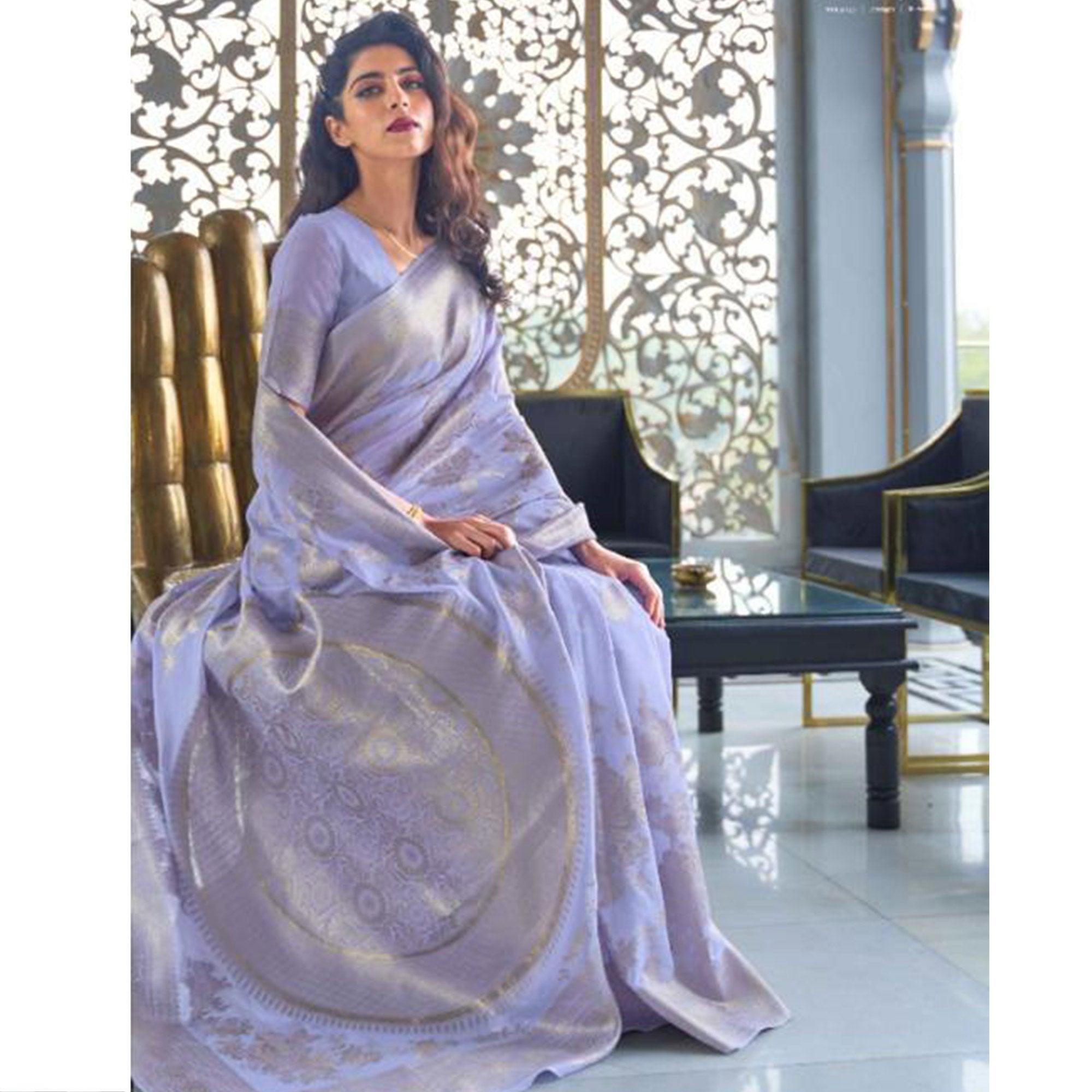 Attractive Violet Coloured Partywear Pure Modal Woven Silk Saree - Peachmode