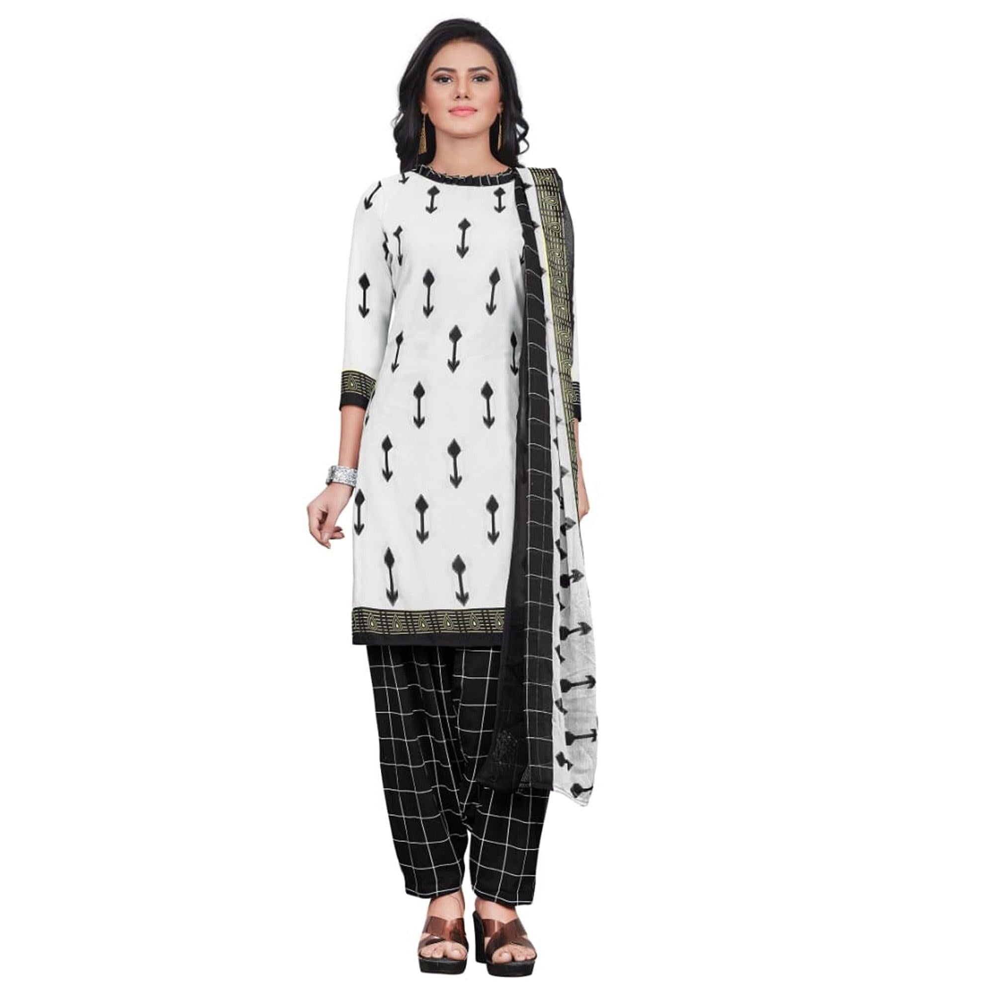 Attractive White Colored Casual Wear Printed Crepe Patiala Dress Material - Peachmode