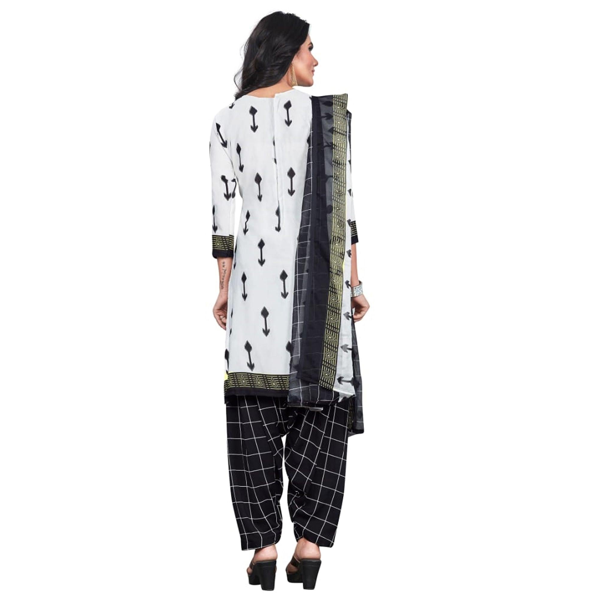 Attractive White Colored Casual Wear Printed Crepe Patiala Dress Material - Peachmode