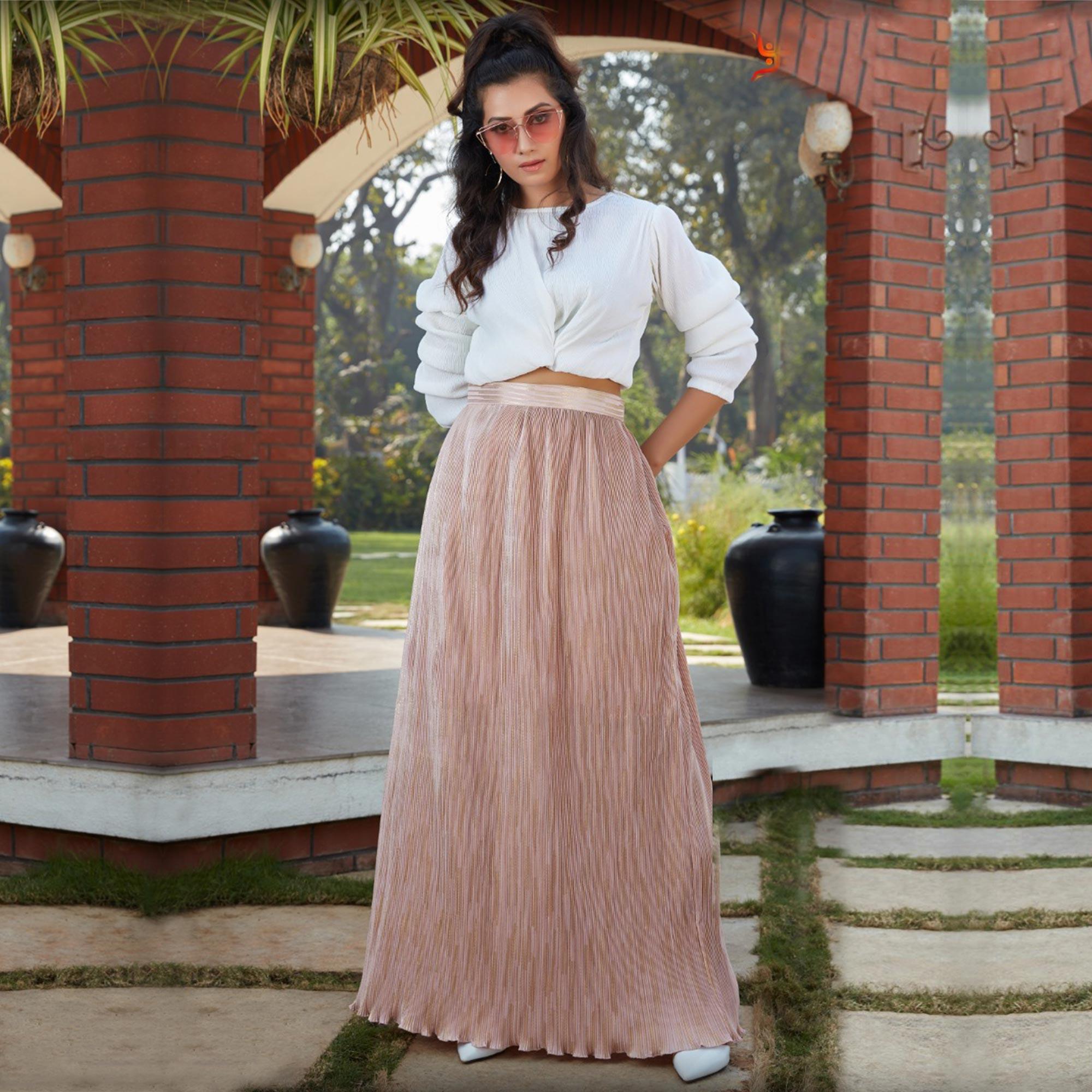 Attractive White-Peach Colored Casual Wear Printed Western Crop Top - Skirt Set - Peachmode