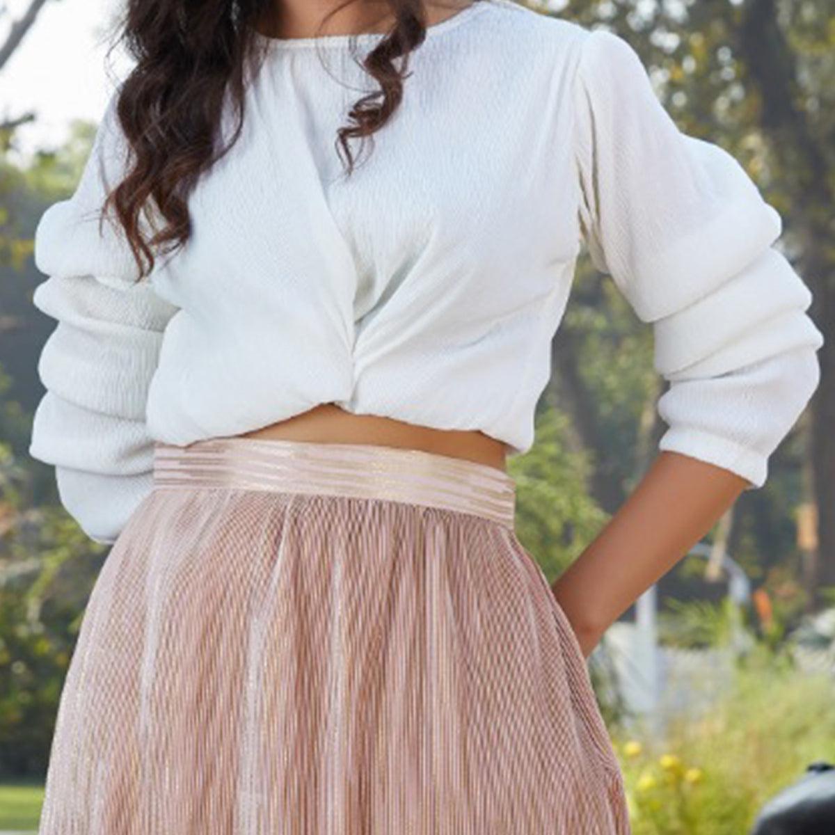 Attractive White-Peach Colored Casual Wear Printed Western Crop Top - Skirt Set - Peachmode