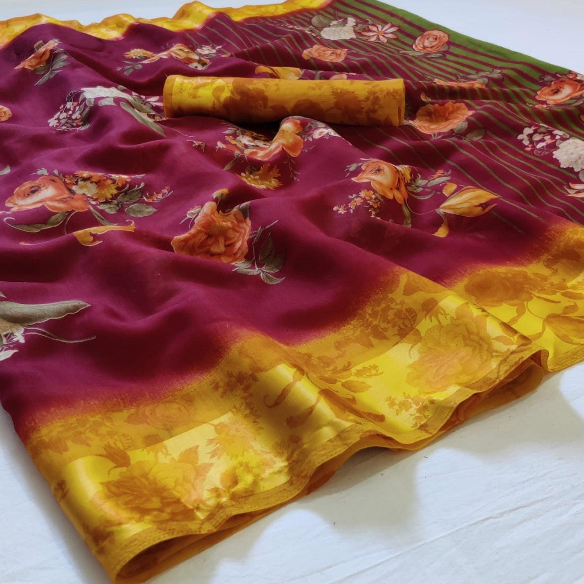 Attractive Wine Colored Casual Wear Floral Printed Linen Saree - Peachmode