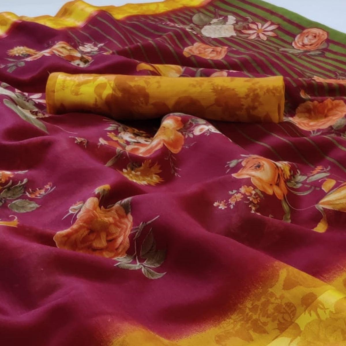 Attractive Wine Colored Casual Wear Floral Printed Linen Saree - Peachmode
