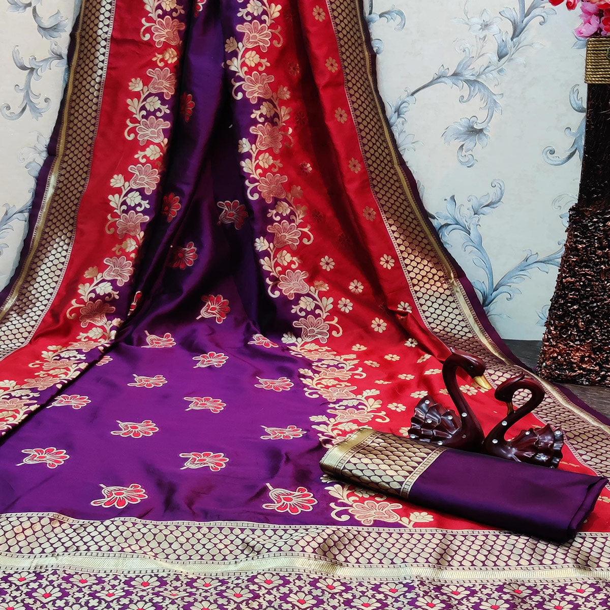 Attractive Wine Colored Festive Wear Woven Banarasi Jacquard Saree - Peachmode