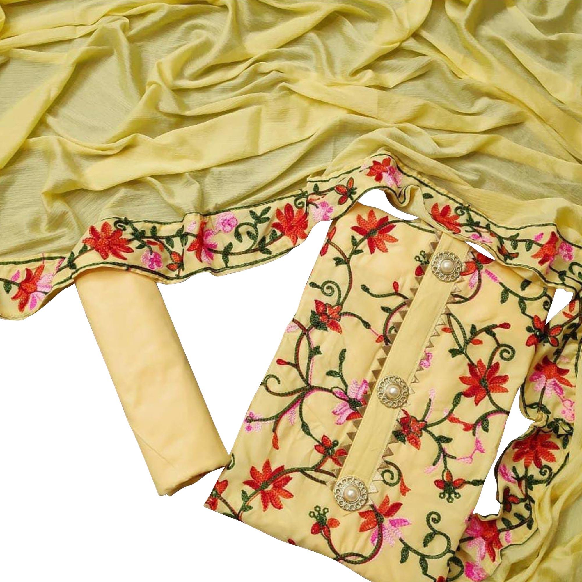 Attractive Yellow Colored Casual Embroidered Chanderi Dress Material - Peachmode