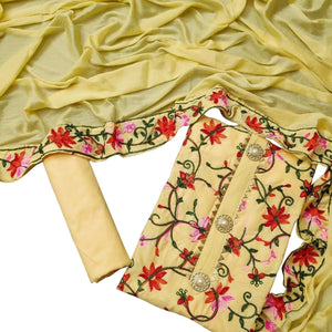 Attractive Yellow Colored Casual Embroidered Chanderi Dress Material - Peachmode
