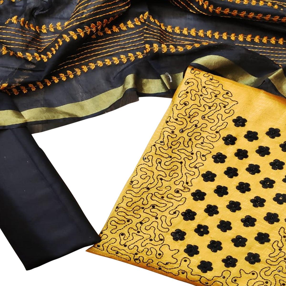 Attractive Yellow Colored Casual Wear Embroidered Manipuri Silk Dress Material - Peachmode