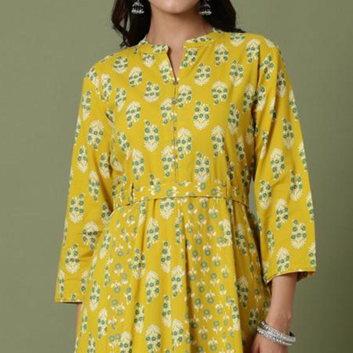Attractive Yellow Colored Casual Wear Printed Cotton Long Kurti - Peachmode
