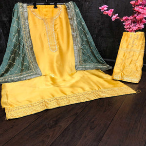 Attractive Yellow Colored Partywear Embroidered Satin Georgette Palazzo Suit - Peachmode