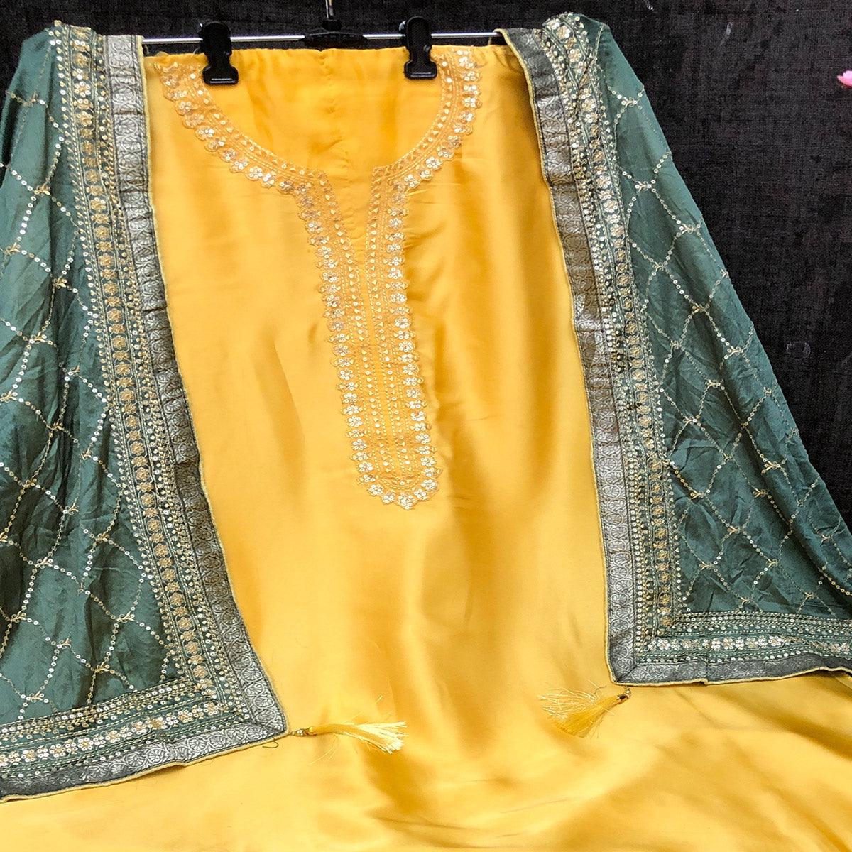 Attractive Yellow Colored Partywear Embroidered Satin Georgette Palazzo Suit - Peachmode