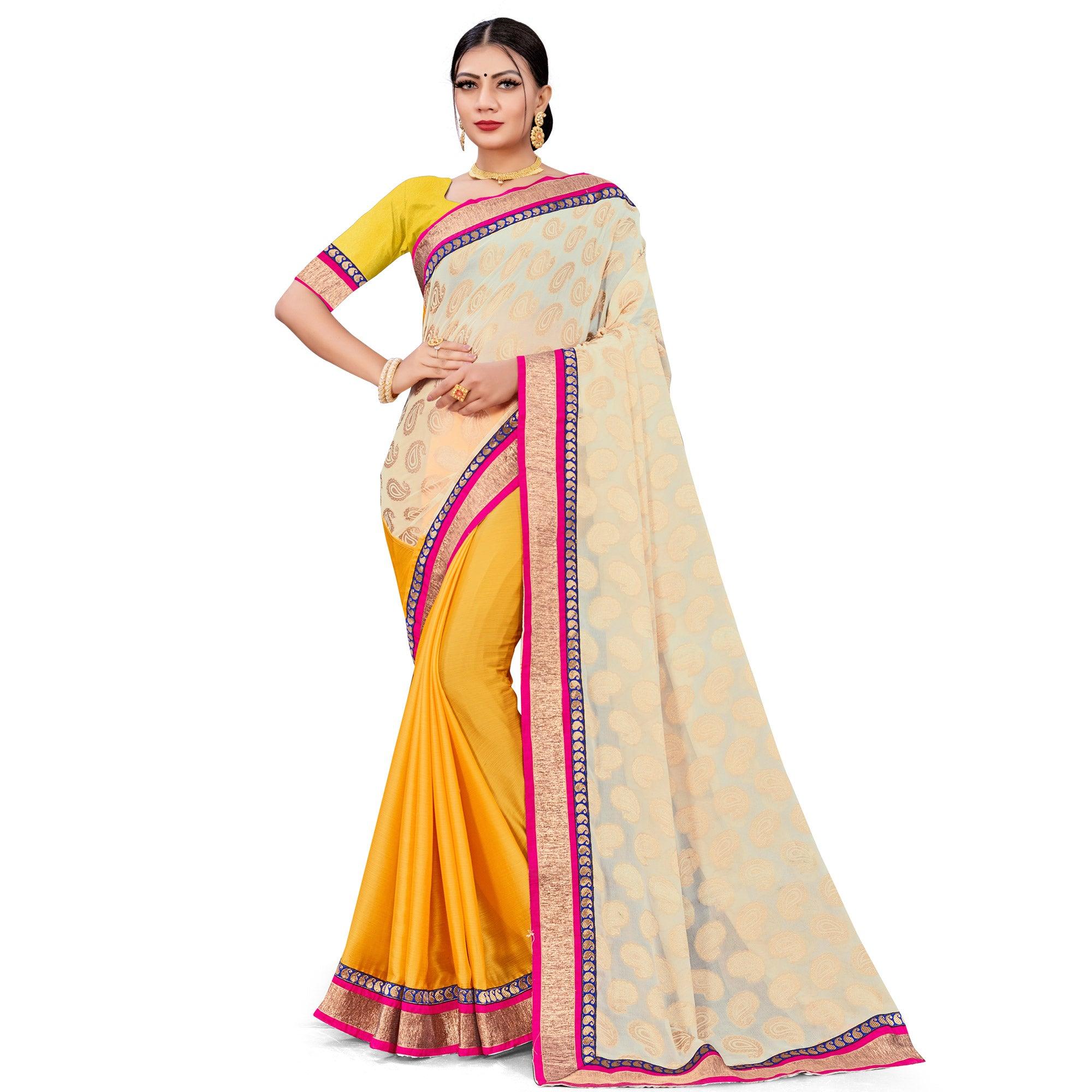 Attractive Yellow-Cream Colored party Wear Georgette Half-Half Saree - Peachmode