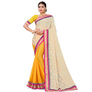 Attractive Yellow-Cream Colored party Wear Georgette Half-Half Saree - Peachmode
