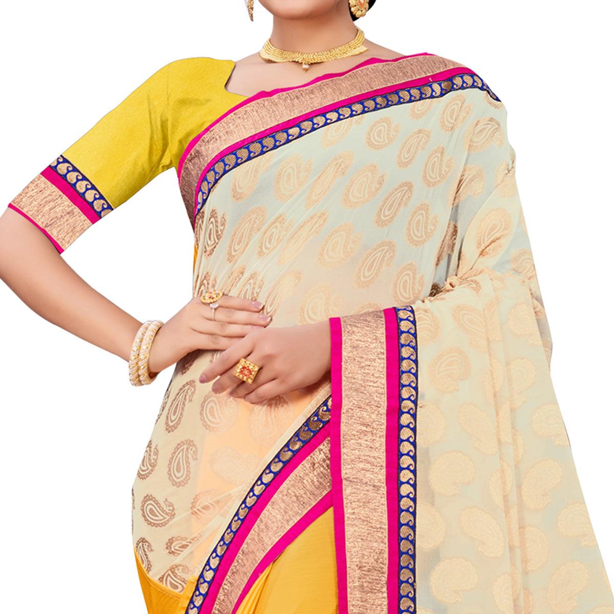 Attractive Yellow-Cream Colored party Wear Georgette Half-Half Saree - Peachmode