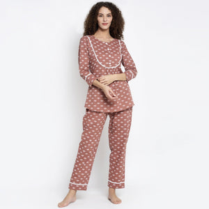 Aujjessa - Light Brown Cotton Printed Night Suit - Peachmode