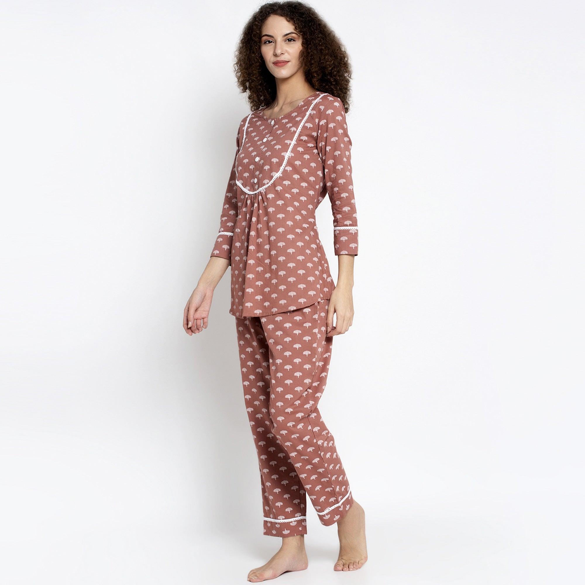 Aujjessa - Light Brown Cotton Printed Night Suit - Peachmode