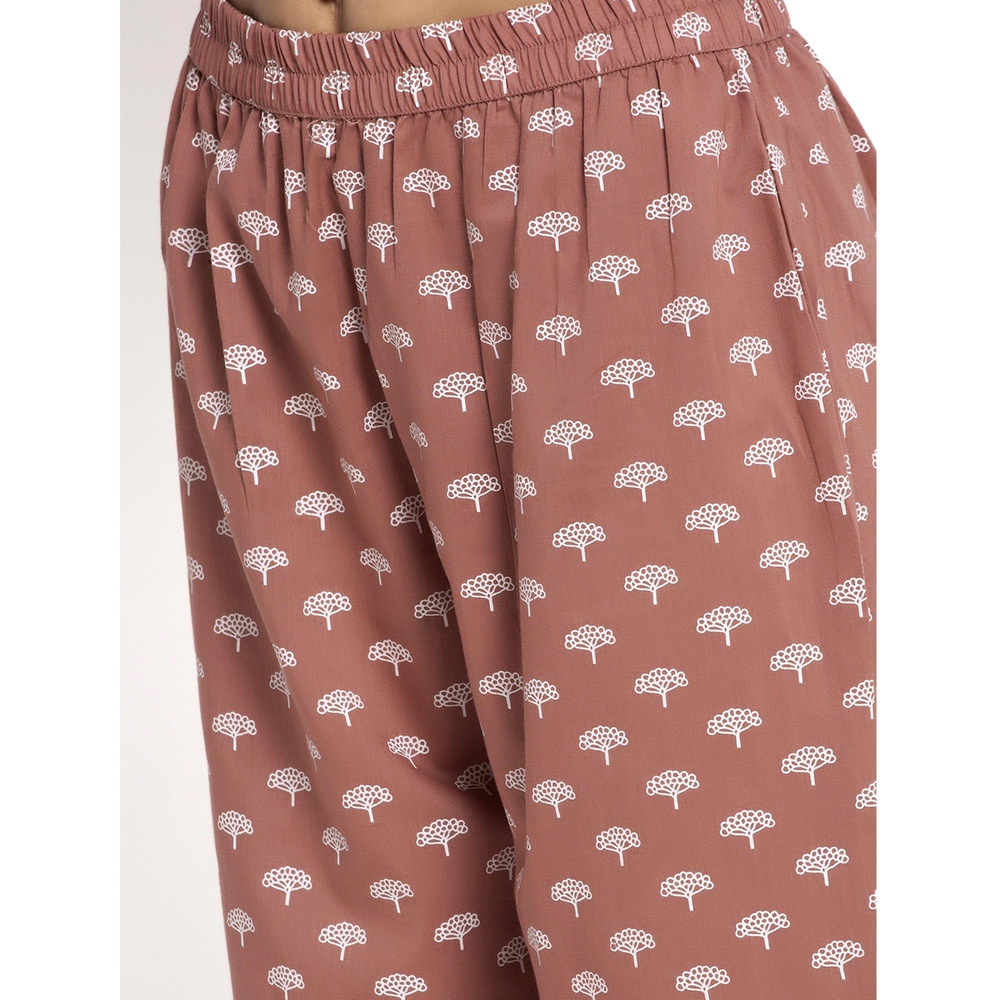 Aujjessa - Light Brown Cotton Printed Night Suit - Peachmode