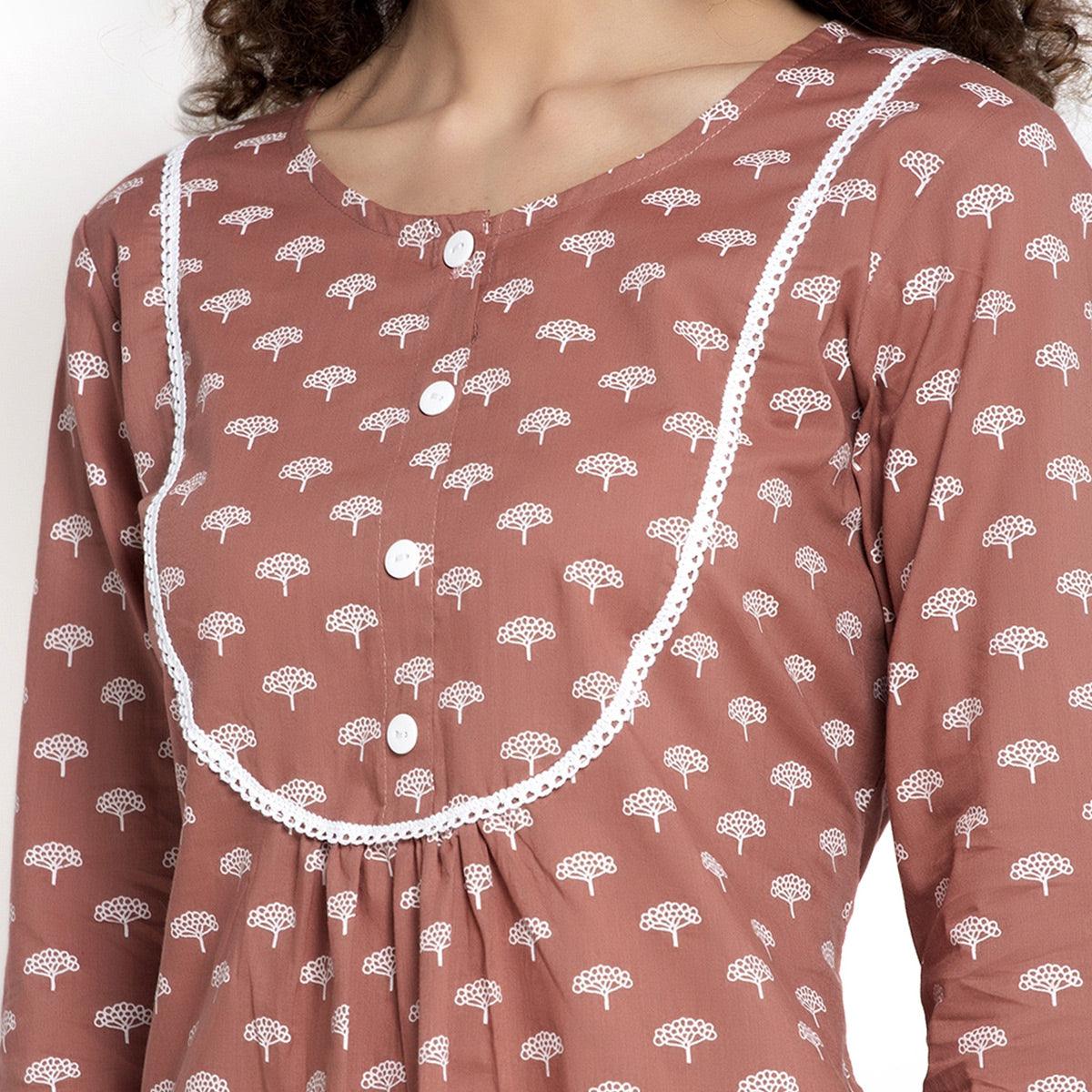 Aujjessa - Light Brown Cotton Printed Night Suit - Peachmode