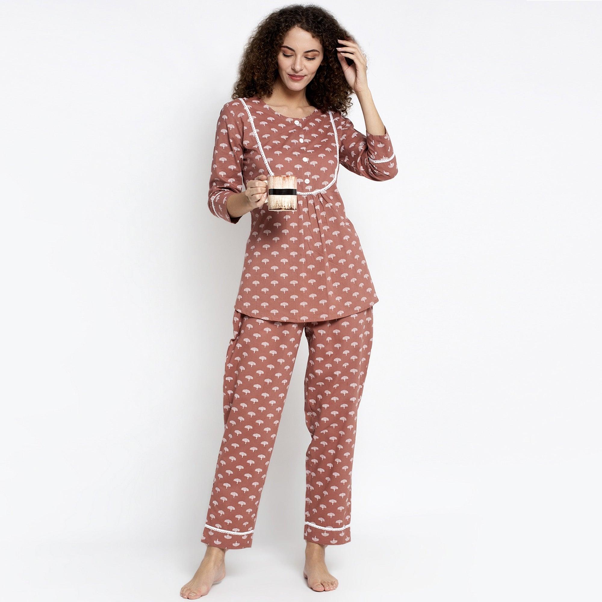 Aujjessa - Light Brown Cotton Printed Night Suit - Peachmode