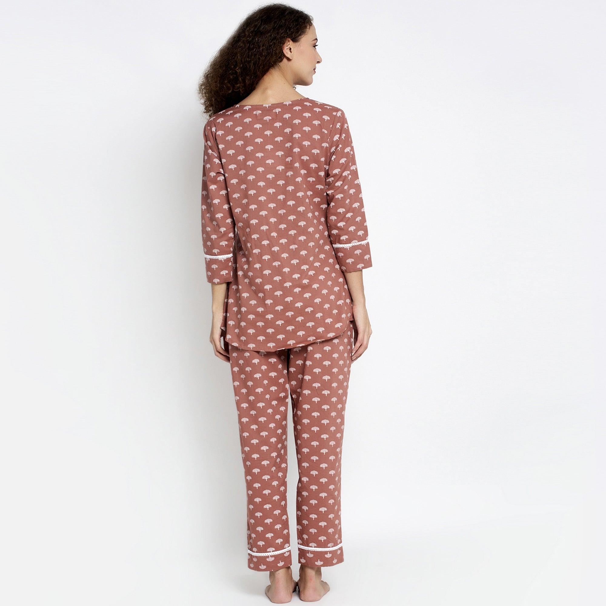 Aujjessa - Light Brown Cotton Printed Night Suit - Peachmode