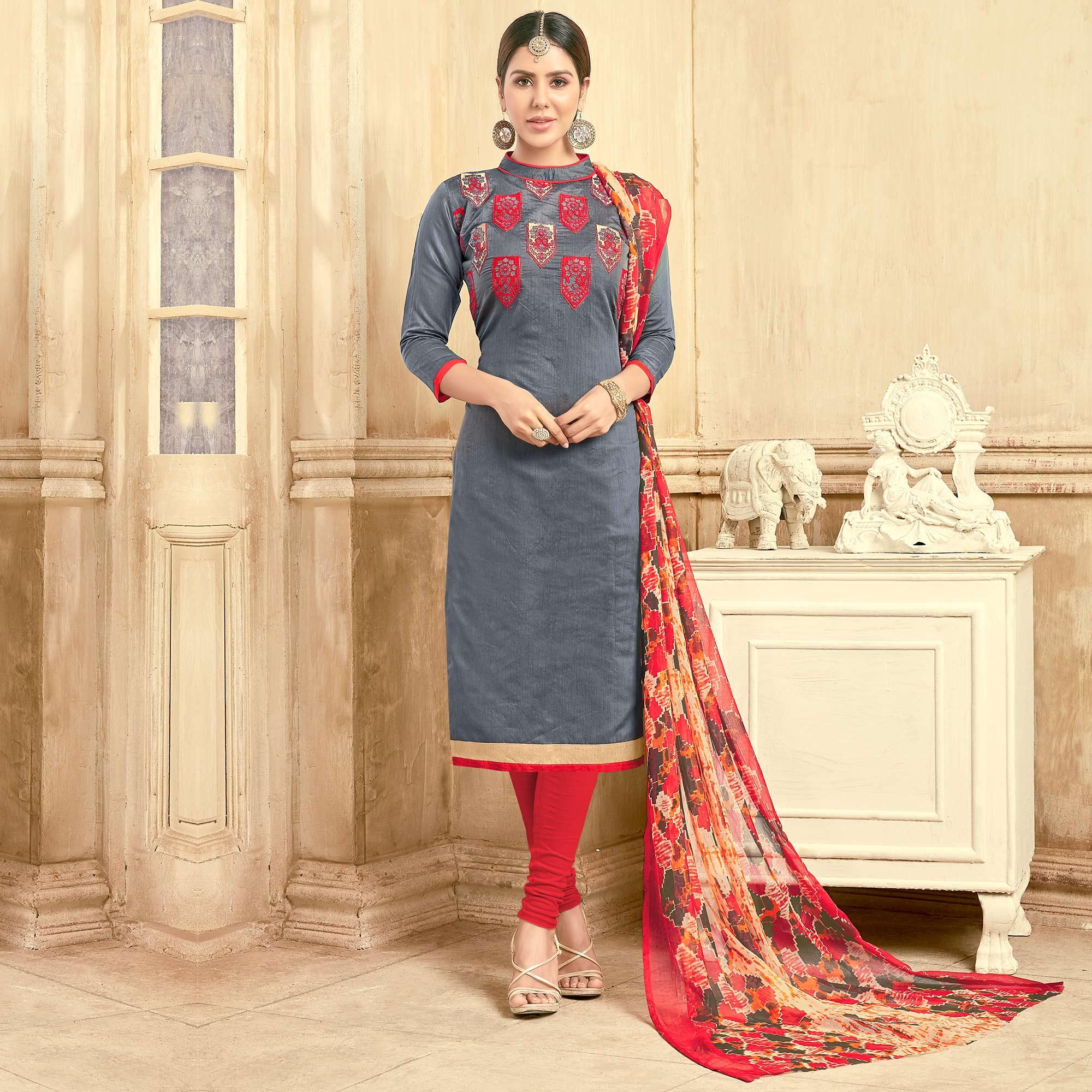 Awesome Grey Colored Partywear Embroidered Chanderi Suit - Peachmode