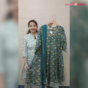 Green Jaipuri Printed With Gota Patti Work Muslin Anarkali Suit