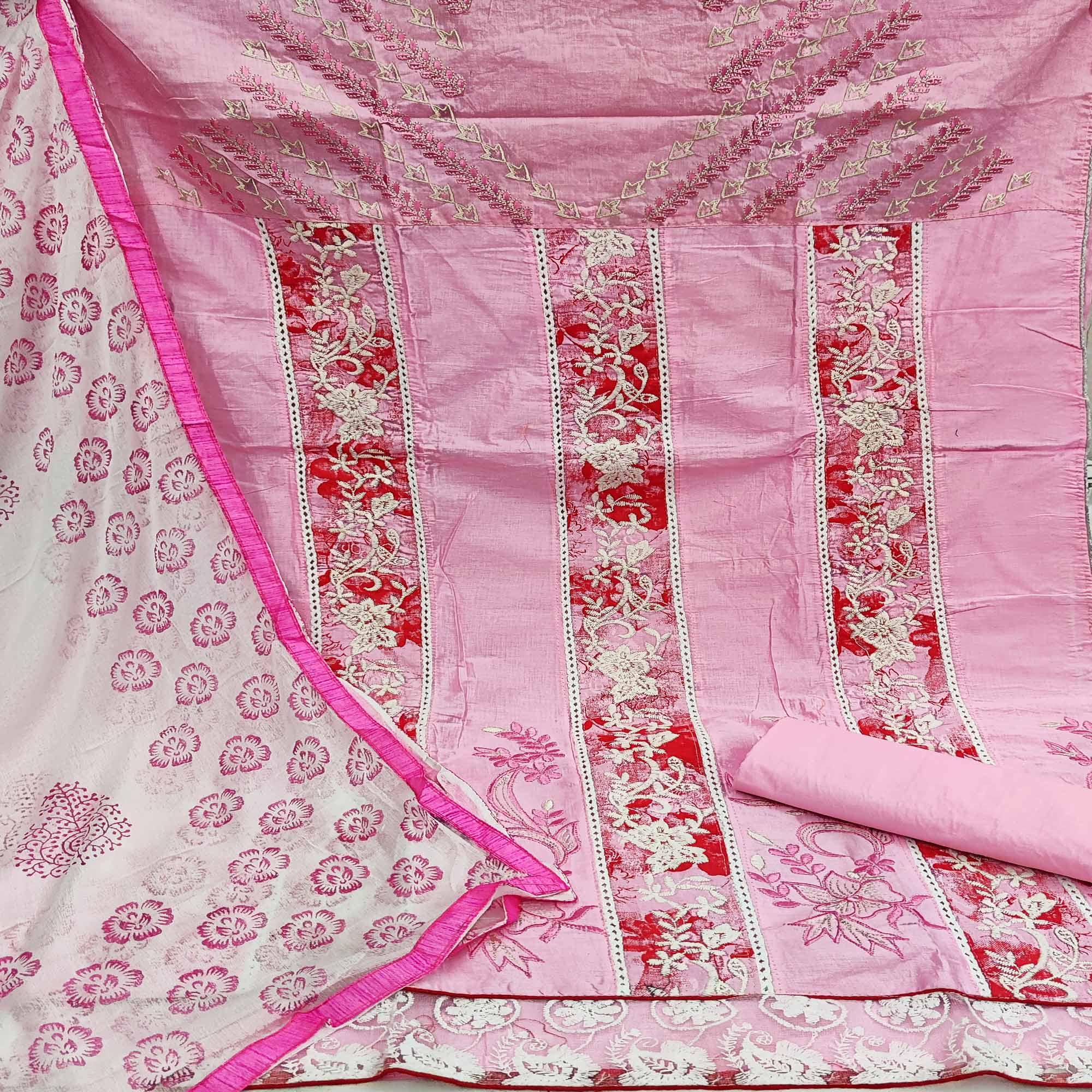 Baby Pink Casual Wear Floral Embroidered Work Cotton Dress Material - Peachmode