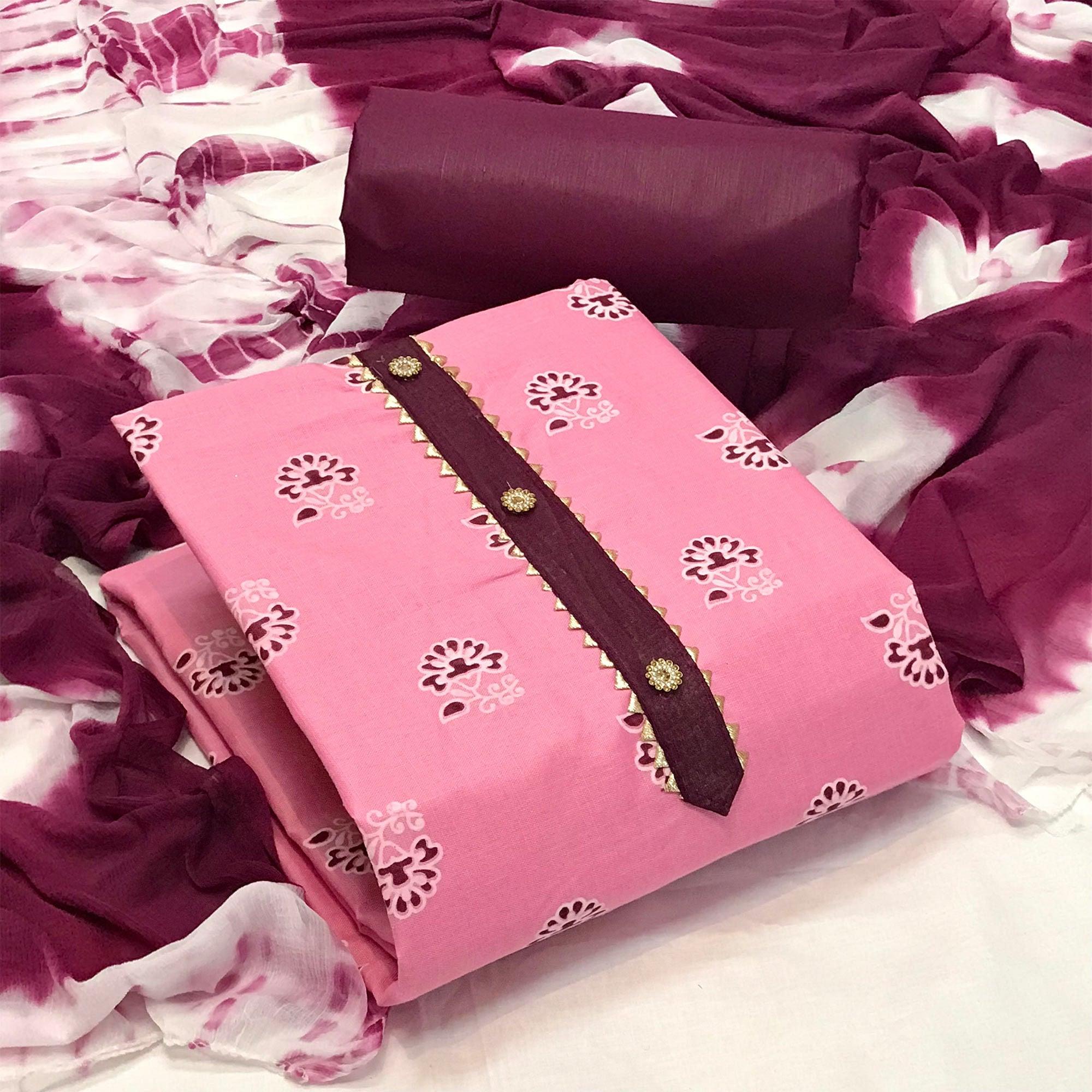 Baby Pink Casual Wear Printed Cotton Dress Material - Peachmode