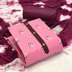 Baby Pink Casual Wear Printed Cotton Dress Material - Peachmode