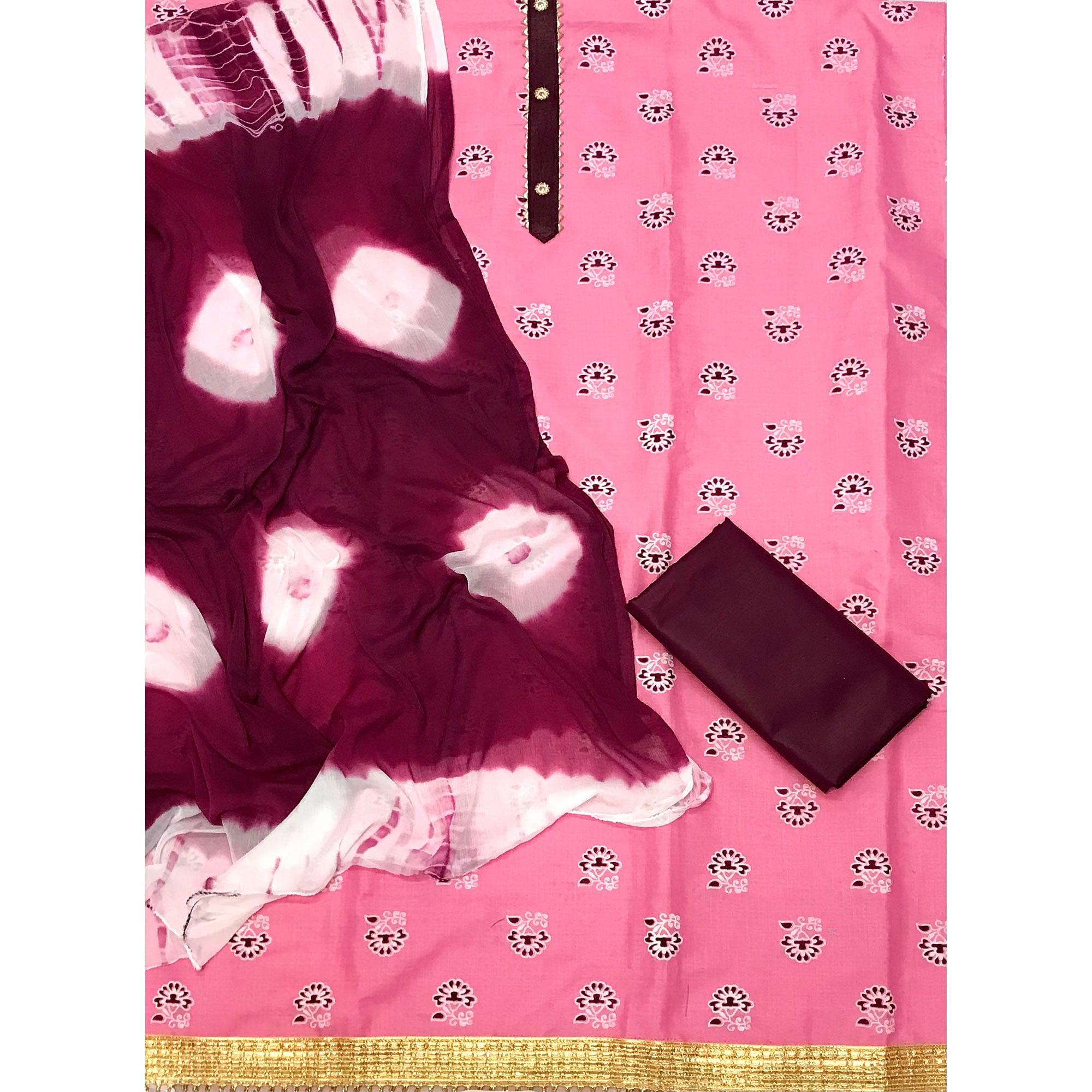 Baby Pink Casual Wear Printed Cotton Dress Material - Peachmode