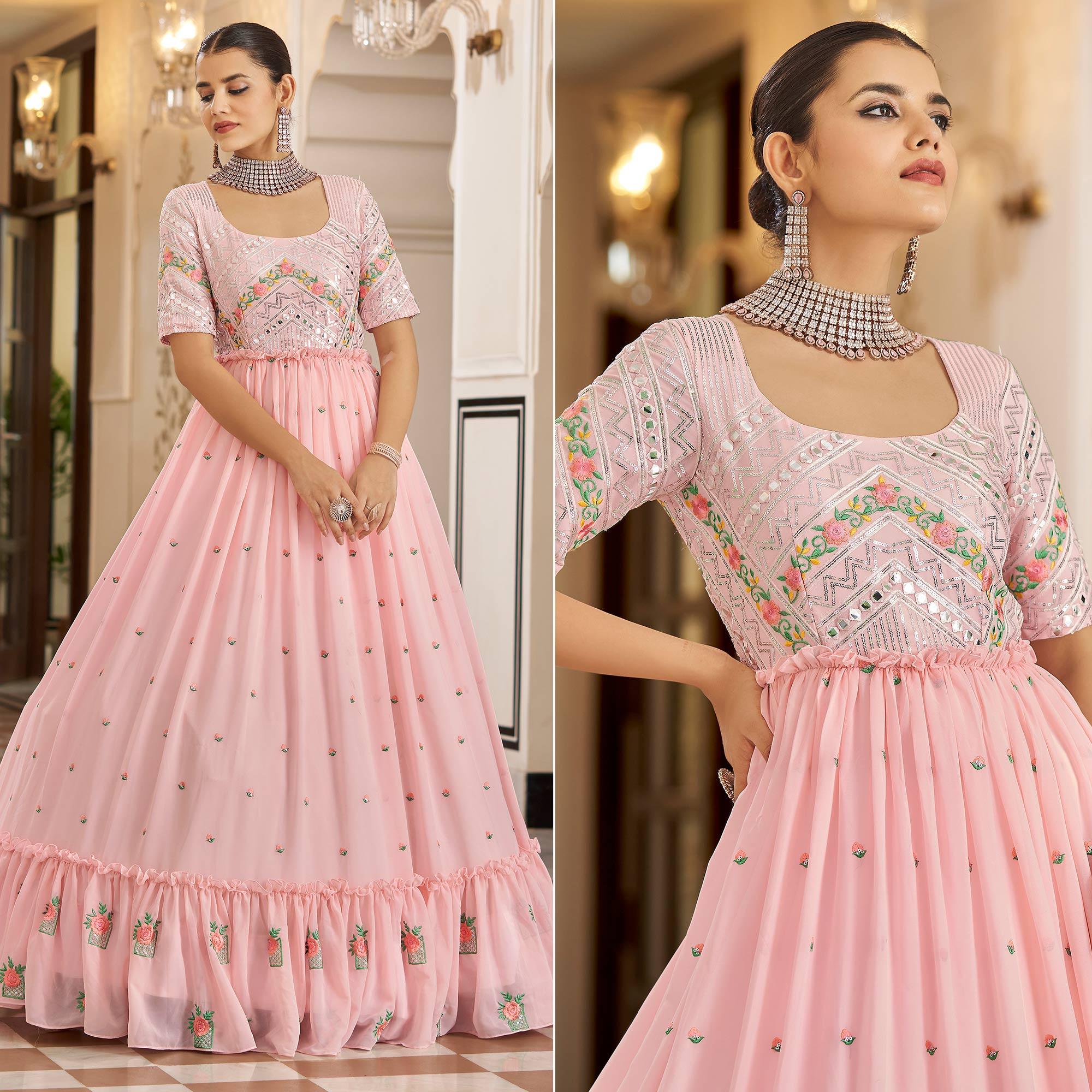 Baby Pink Embroidered Georgette Gown - Peachmode