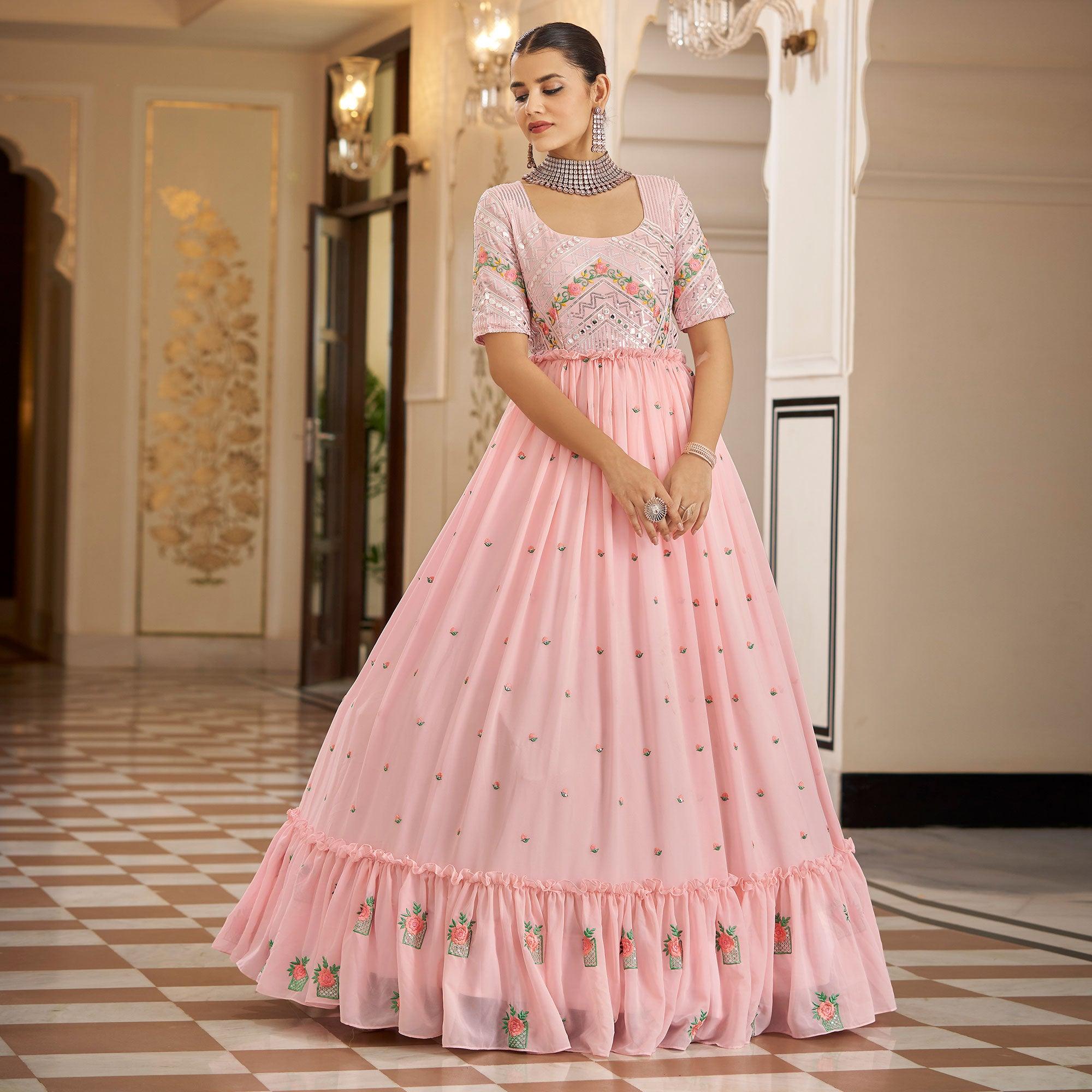 Baby Pink Embroidered Georgette Gown - Peachmode