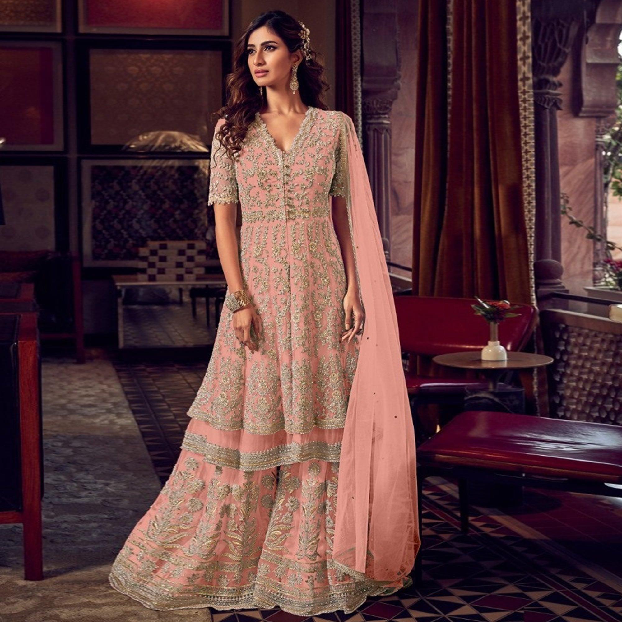 Baby Pink Embroidered Indo Western Style Net - Georgette Sharara Suit - Peachmode