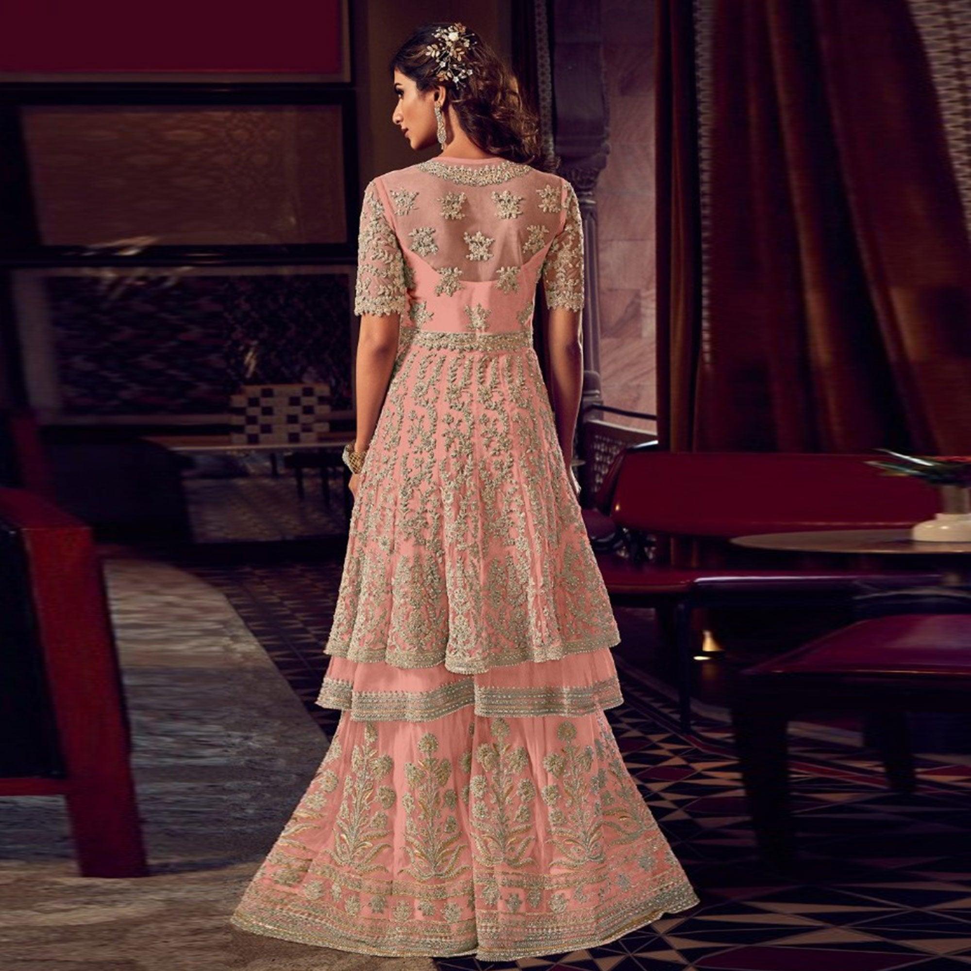 Baby Pink Embroidered Indo Western Style Net - Georgette Sharara Suit - Peachmode