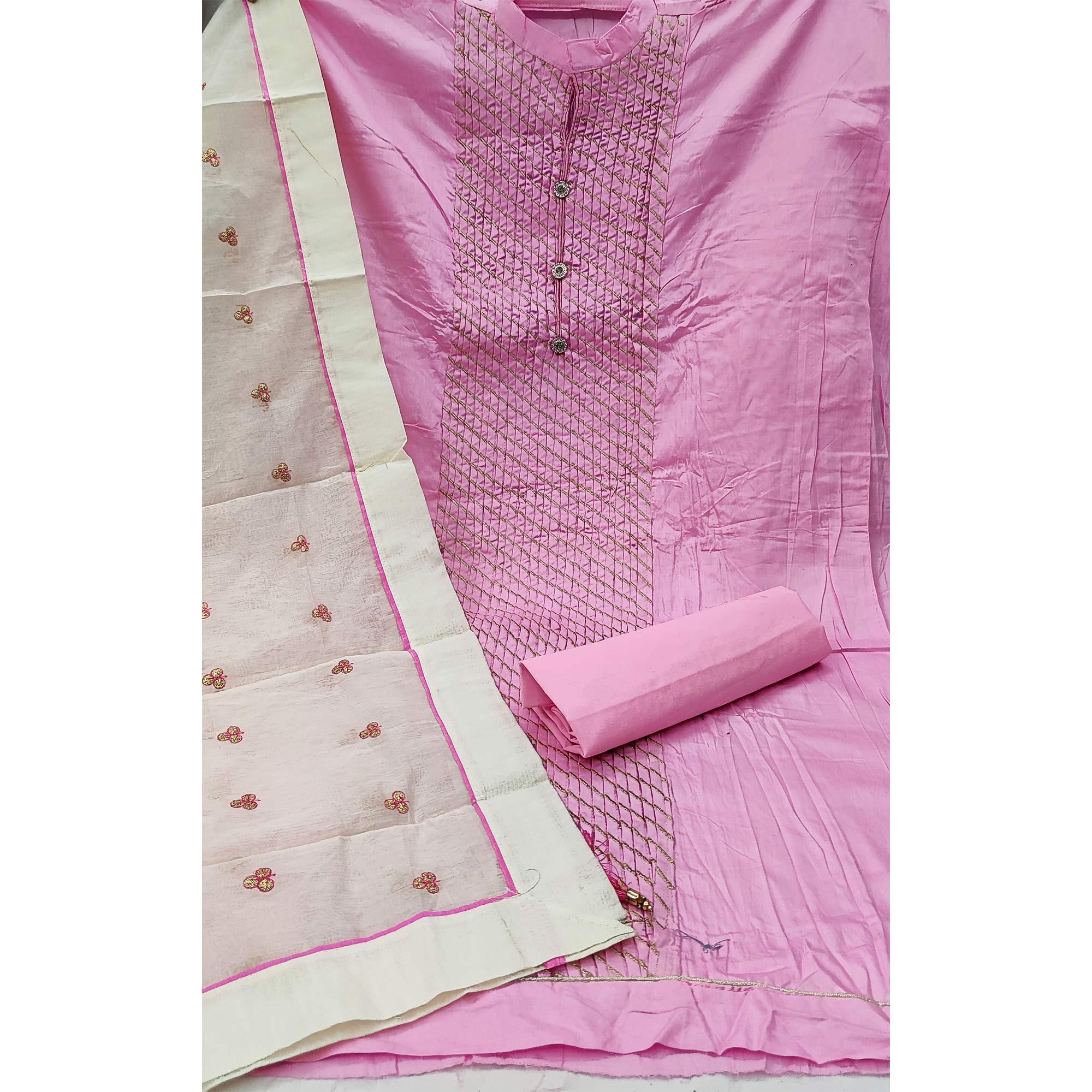 Baby Pink Festive Wear Embroidered Cotton Dress Material - Peachmode
