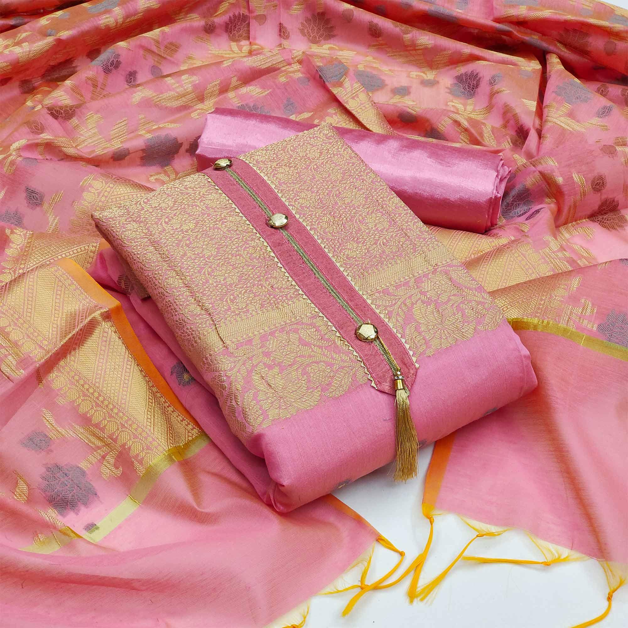 Baby pink Festive Wear Floral Woven Banarasi Silk Jacquard Dress Material - Peachmode