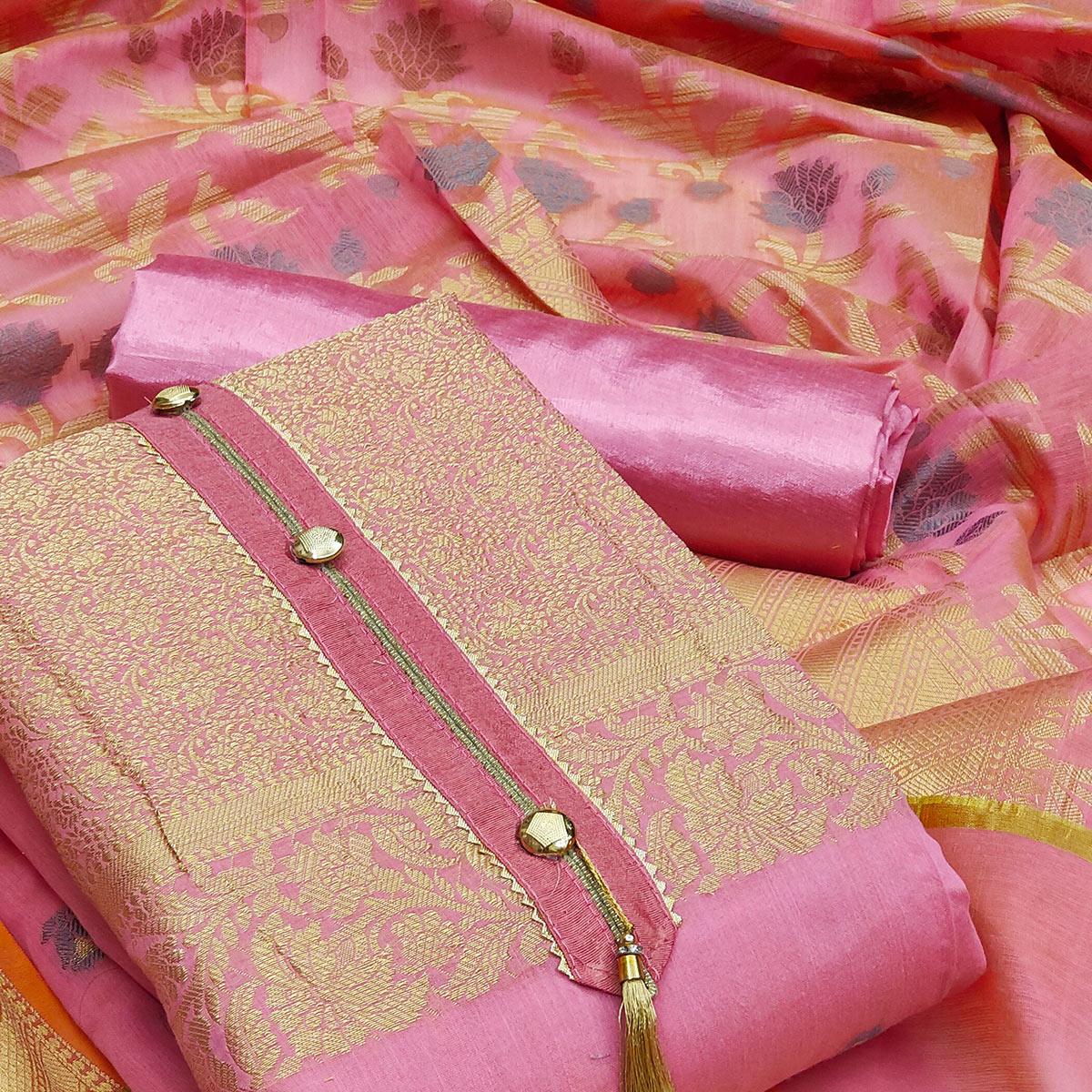 Baby pink Festive Wear Floral Woven Banarasi Silk Jacquard Dress Material - Peachmode