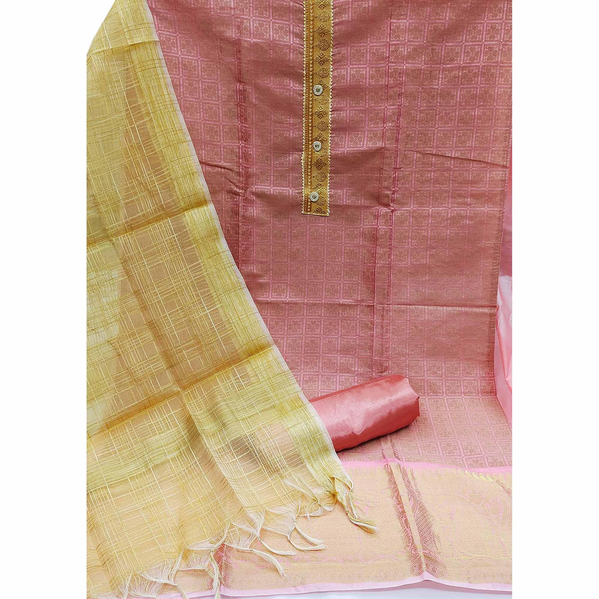 Baby Pink Festive Wear Floral Woven Banarasi Silk Jacquard Dress Material - Peachmode