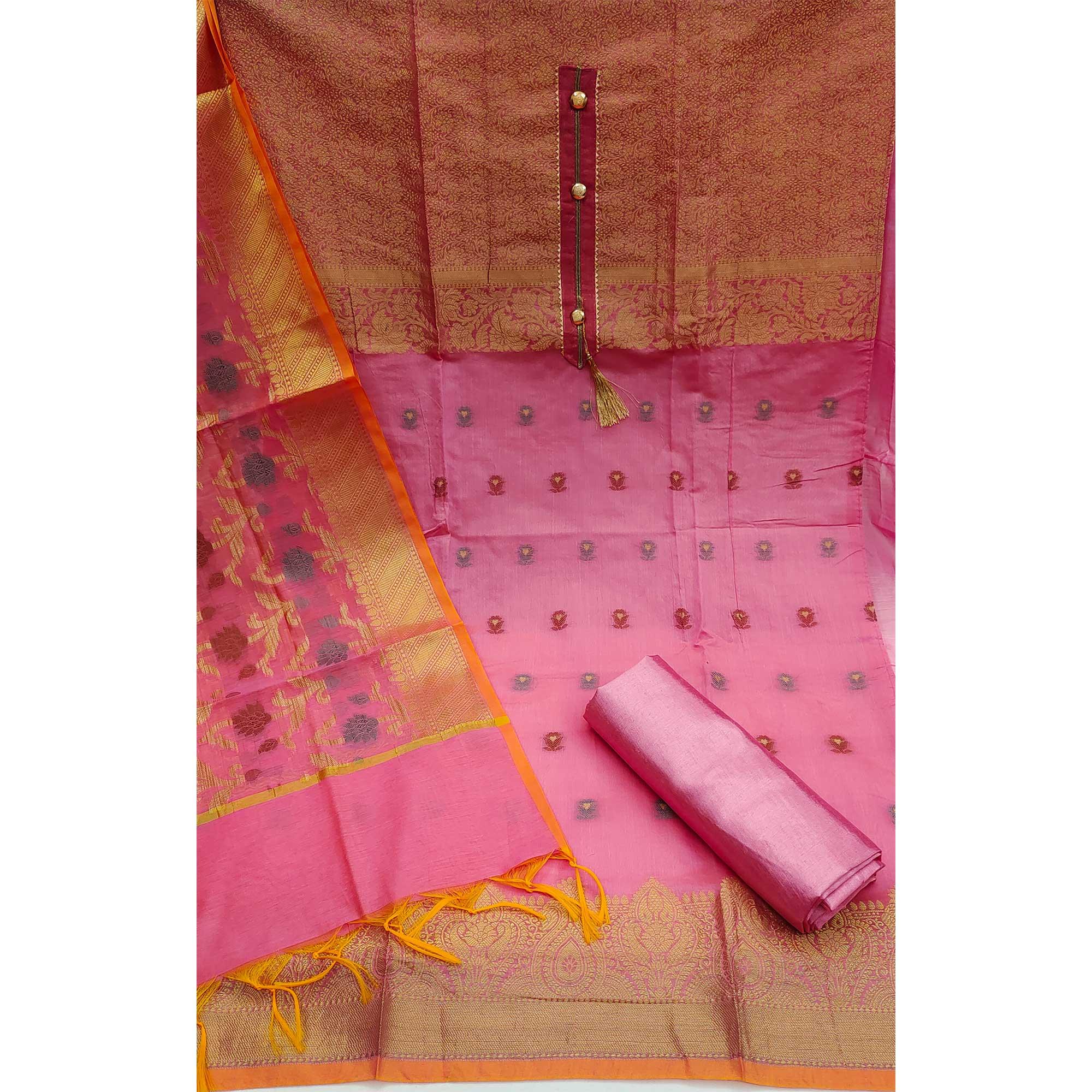 Baby pink Festive Wear Floral Woven Banarasi Silk Jacquard Dress Material - Peachmode