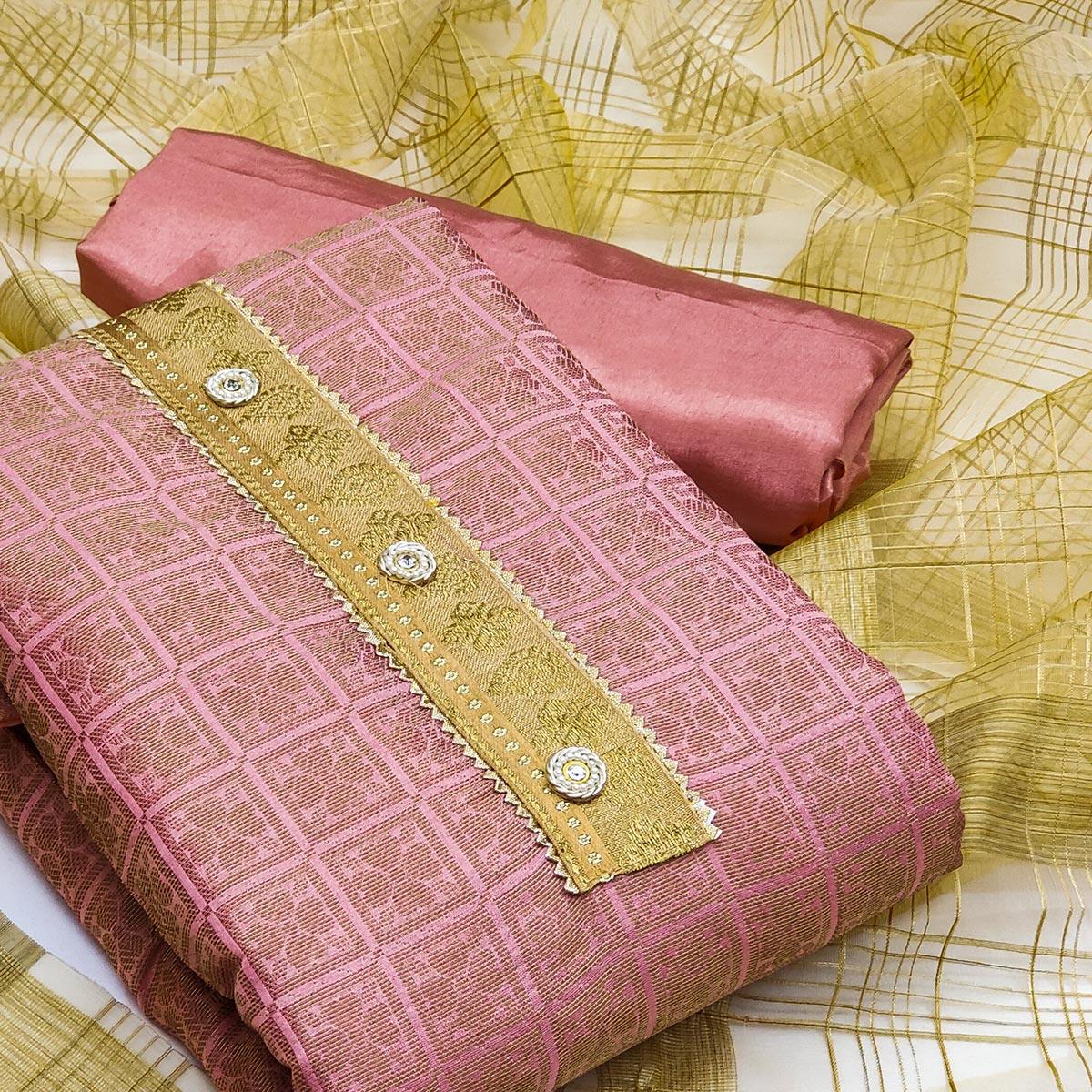 Baby Pink Festive Wear Floral Woven Banarasi Silk Jacquard Dress Material - Peachmode