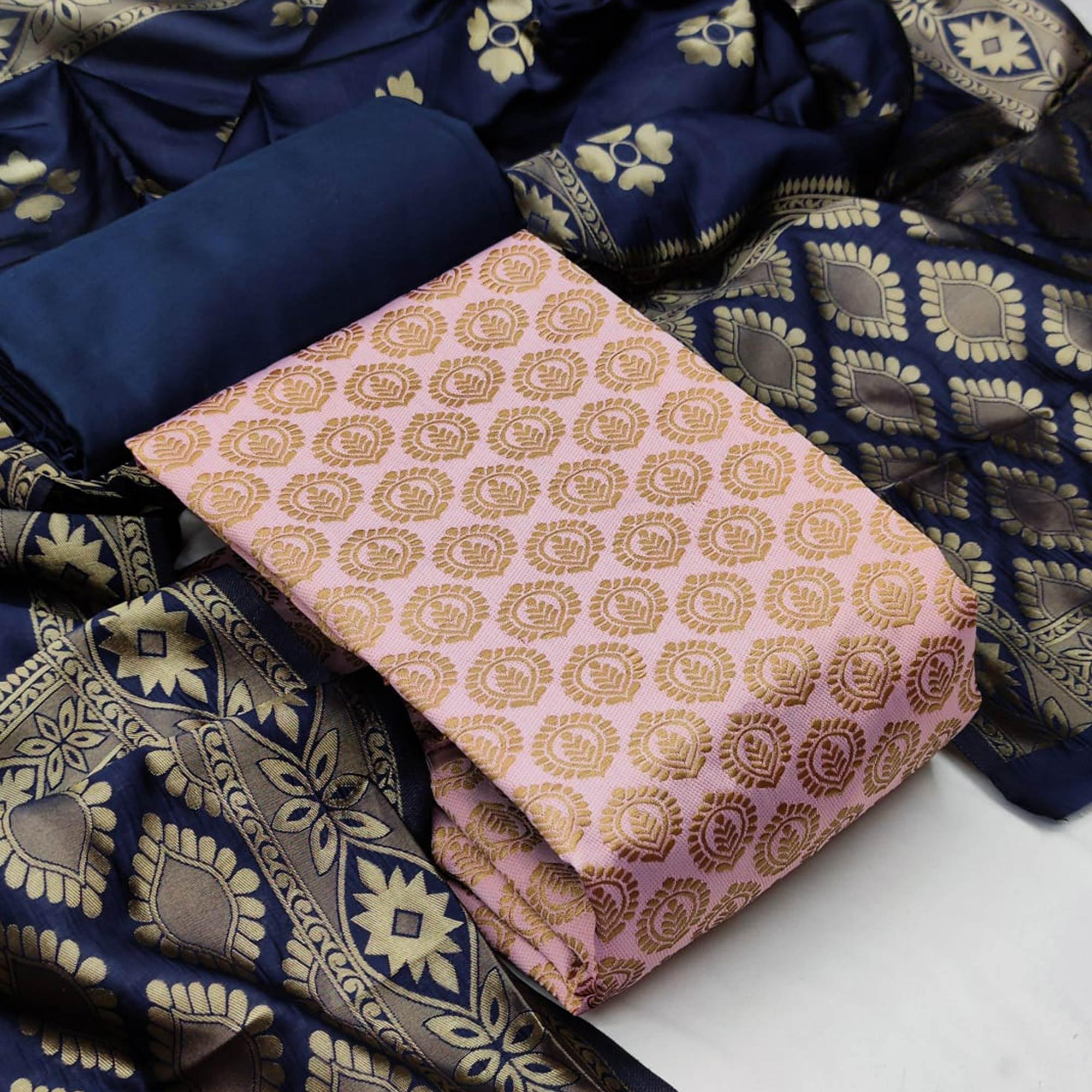 Baby Pink Festive Wear Woven Banarasi Silk Dress Material - Peachmode