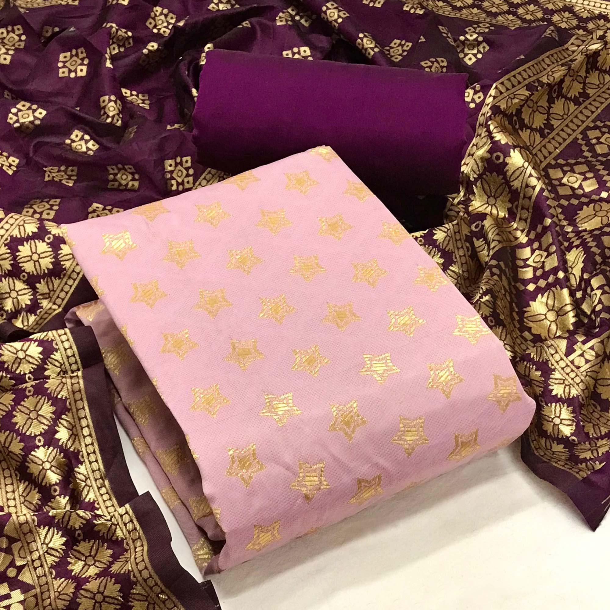 Baby Pink Festive Wear Woven Banarasi Silk Dress Material - Peachmode