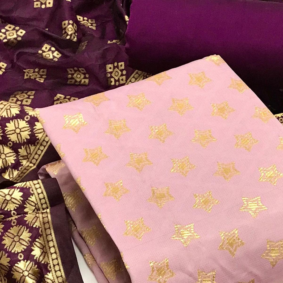 Baby Pink Festive Wear Woven Banarasi Silk Dress Material - Peachmode