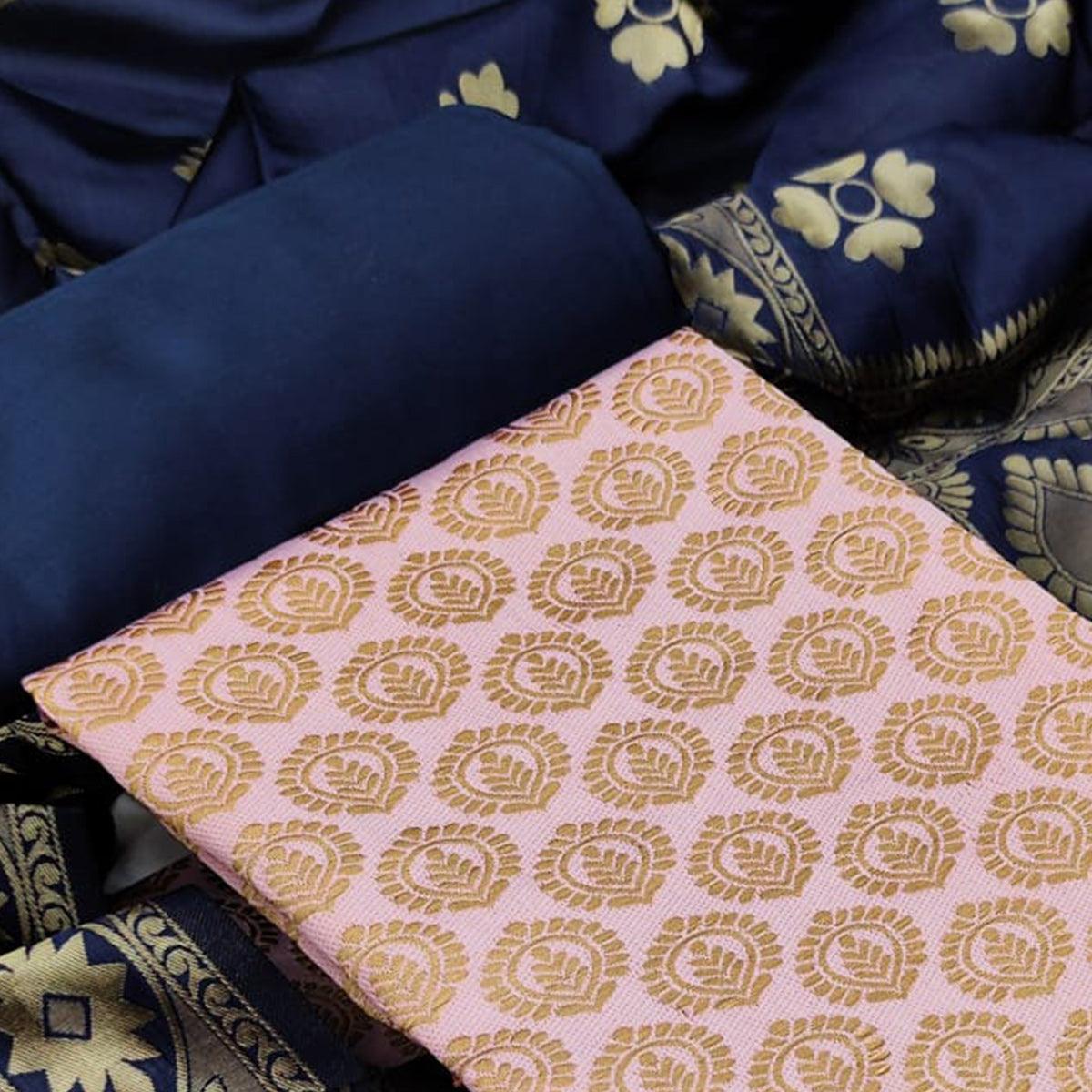 Baby Pink Festive Wear Woven Banarasi Silk Dress Material - Peachmode