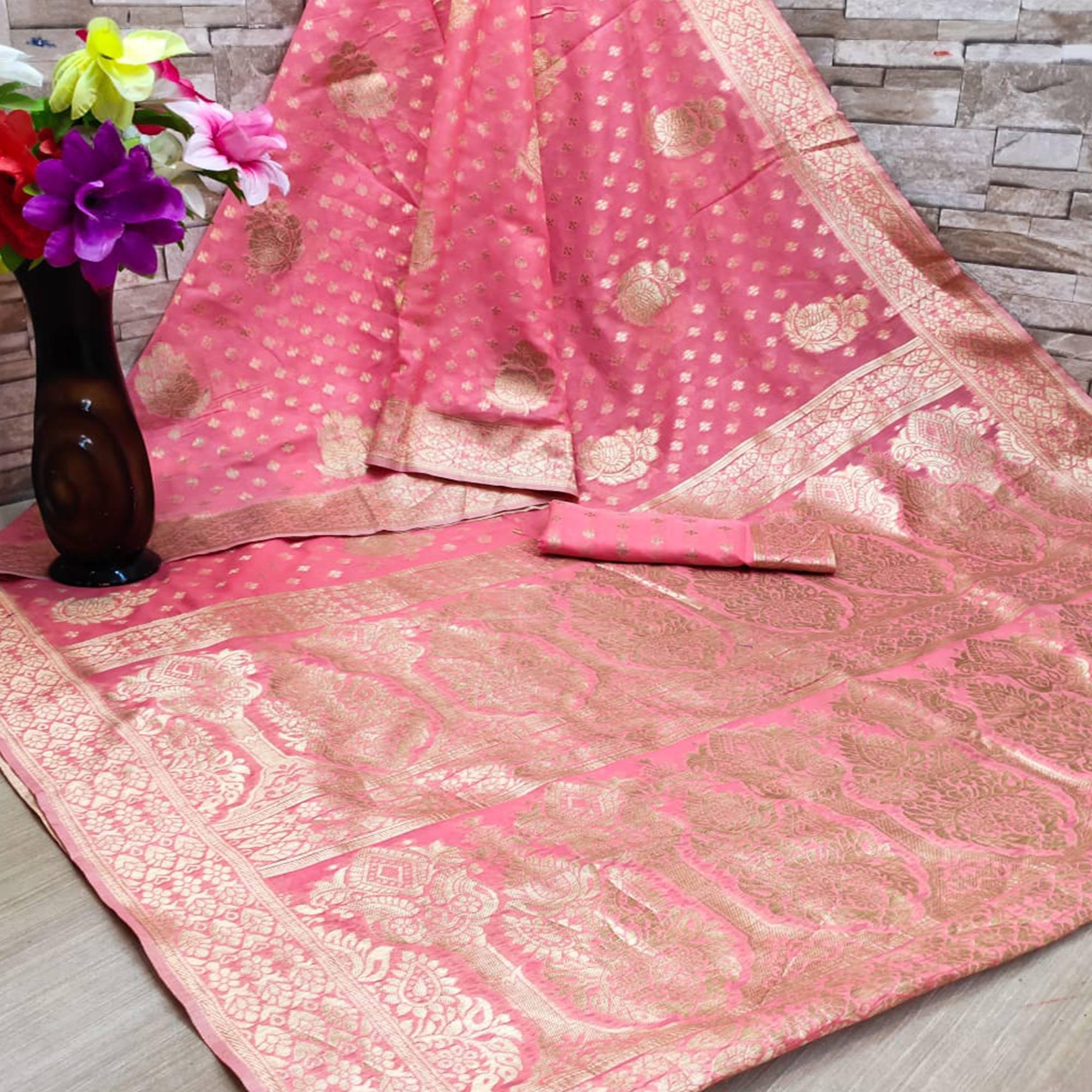 Baby Pink Festive Wear Woven Jacquard Silk Saree - Peachmode